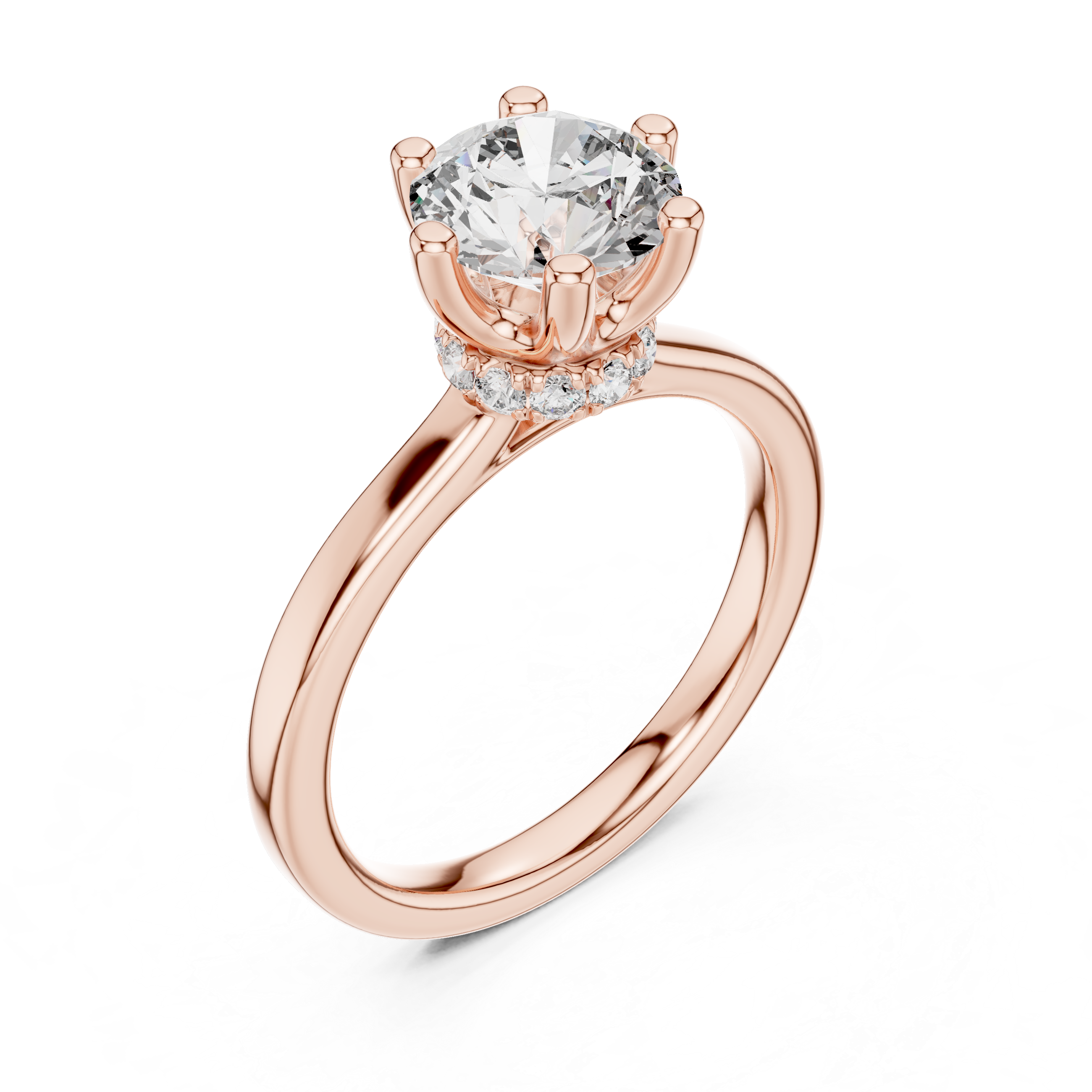 solitaire engagement ring with diamond halo beneath center stone