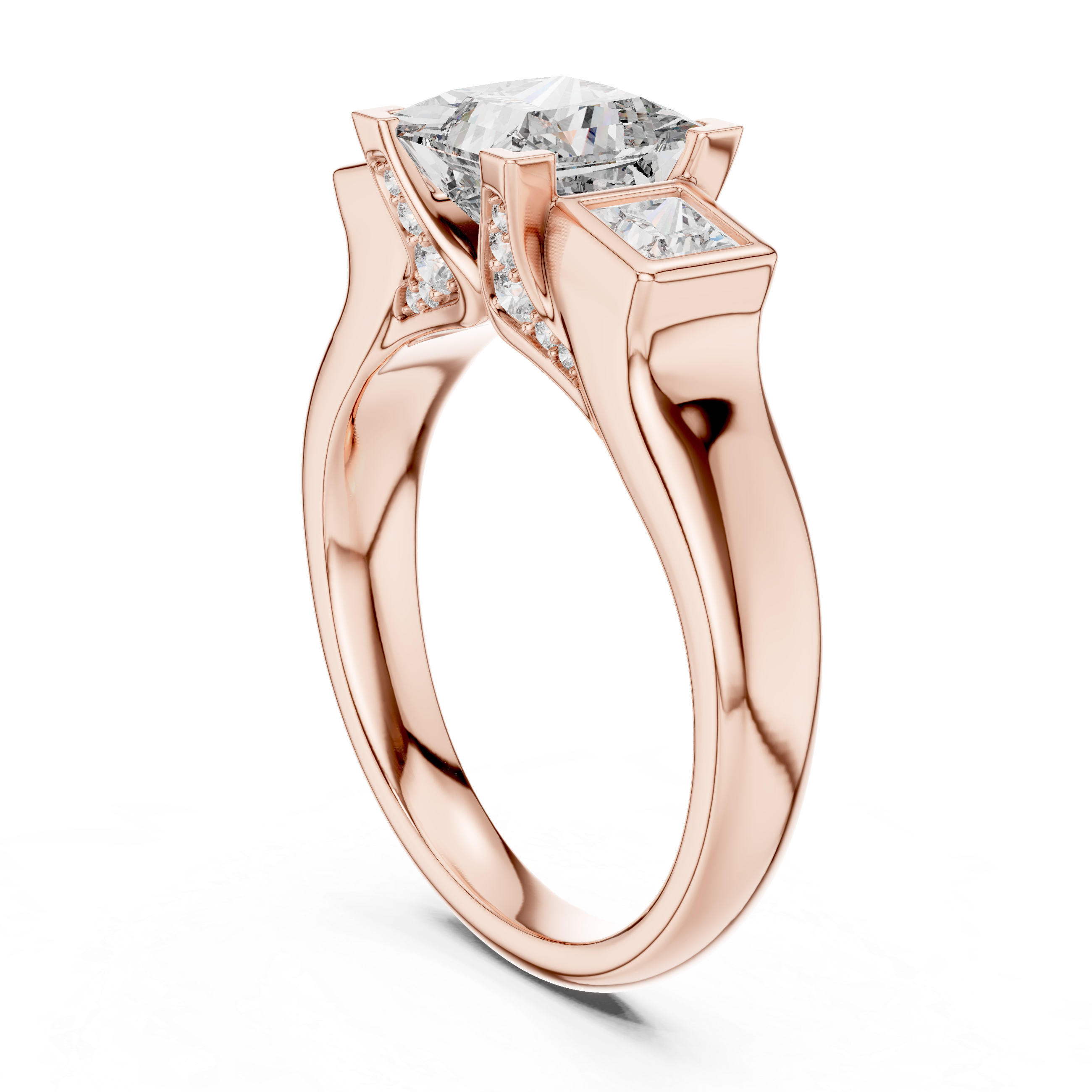 Diamond three-stone engagement ring with side princess-cut diamonds