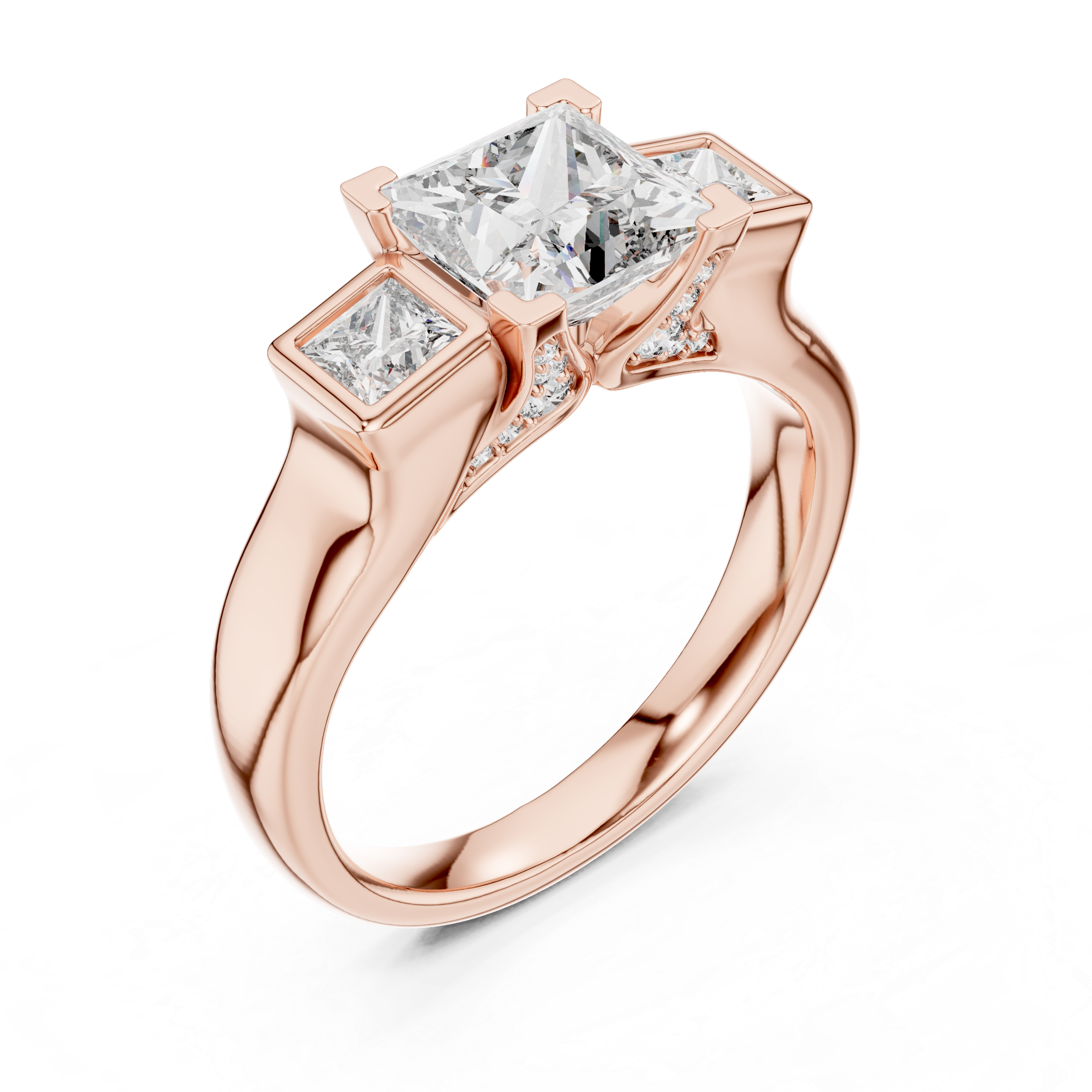 Diamond three-stone engagement ring with side princess-cut diamonds