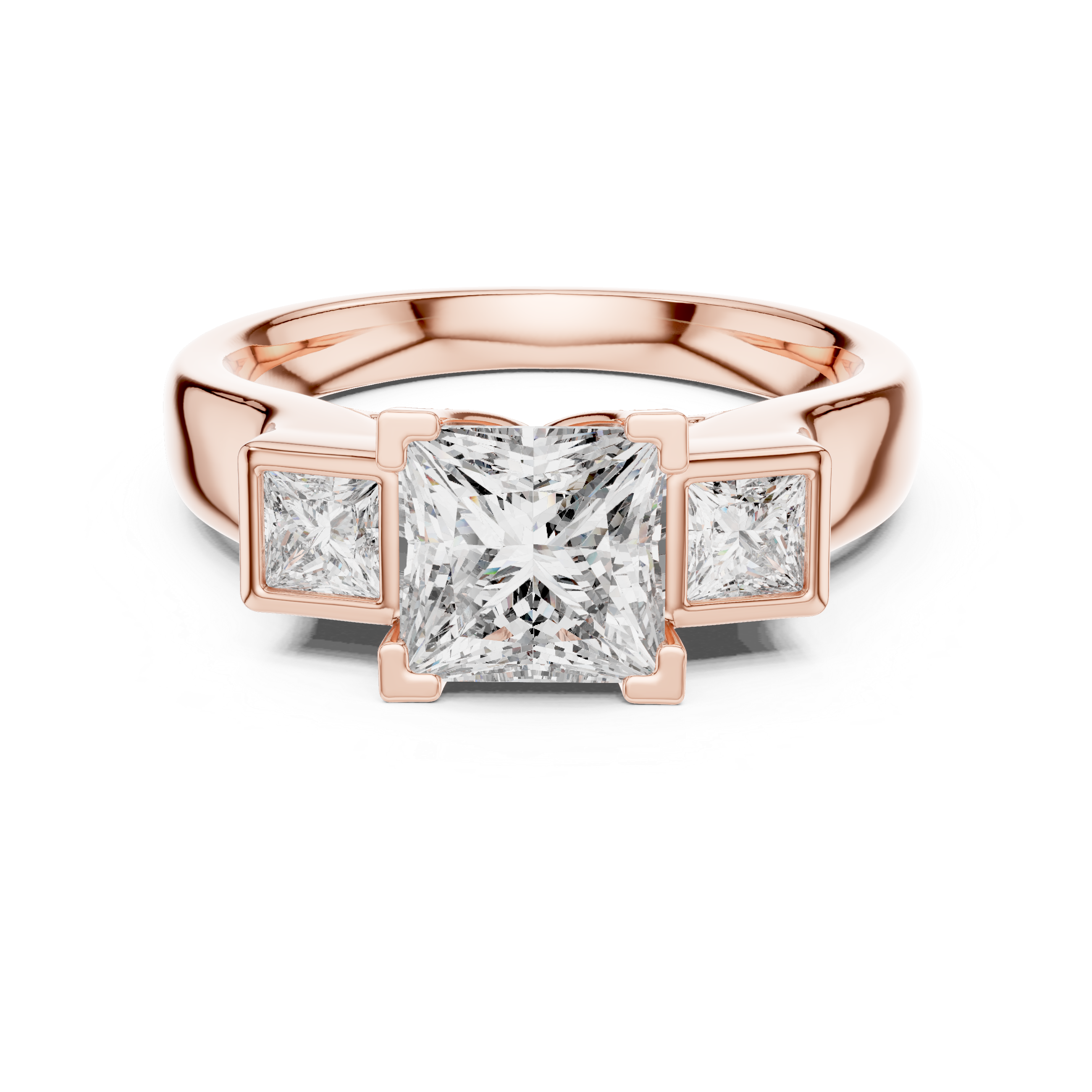 Diamond three-stone engagement ring with side princess-cut diamonds