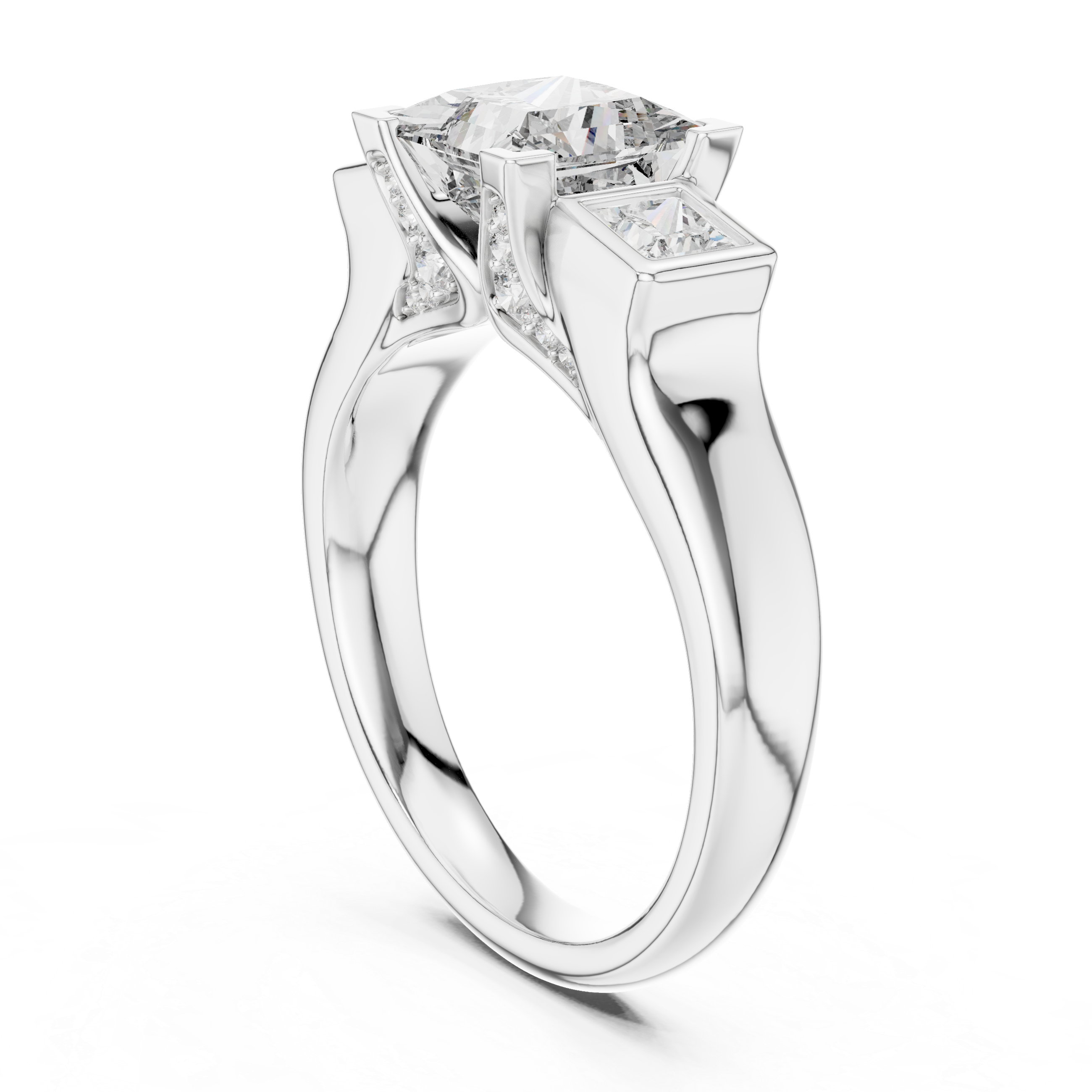 Diamond three-stone engagement ring with side princess-cut diamonds