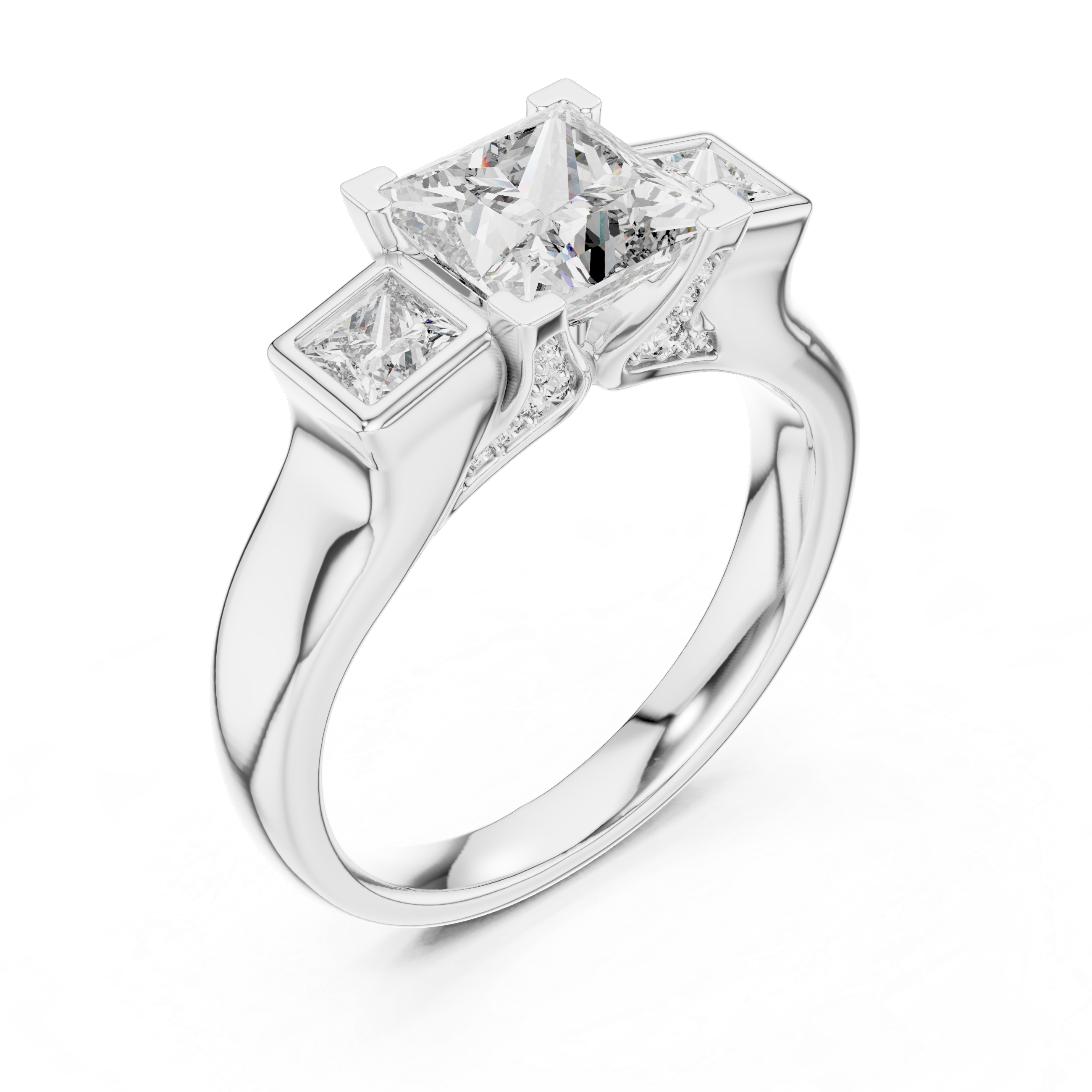 Diamond three-stone engagement ring with side princess-cut diamonds