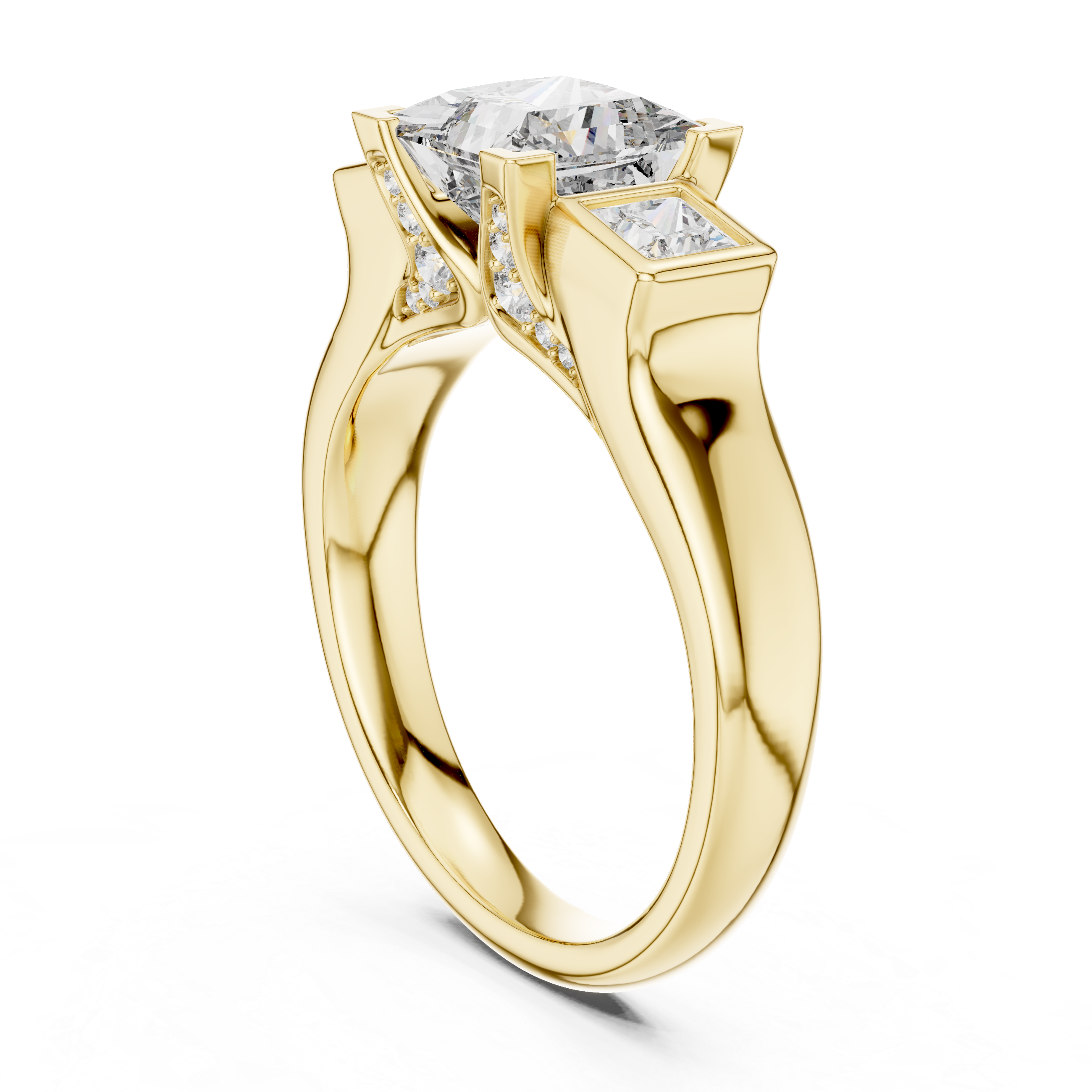 Diamond three-stone engagement ring with side princess-cut diamonds