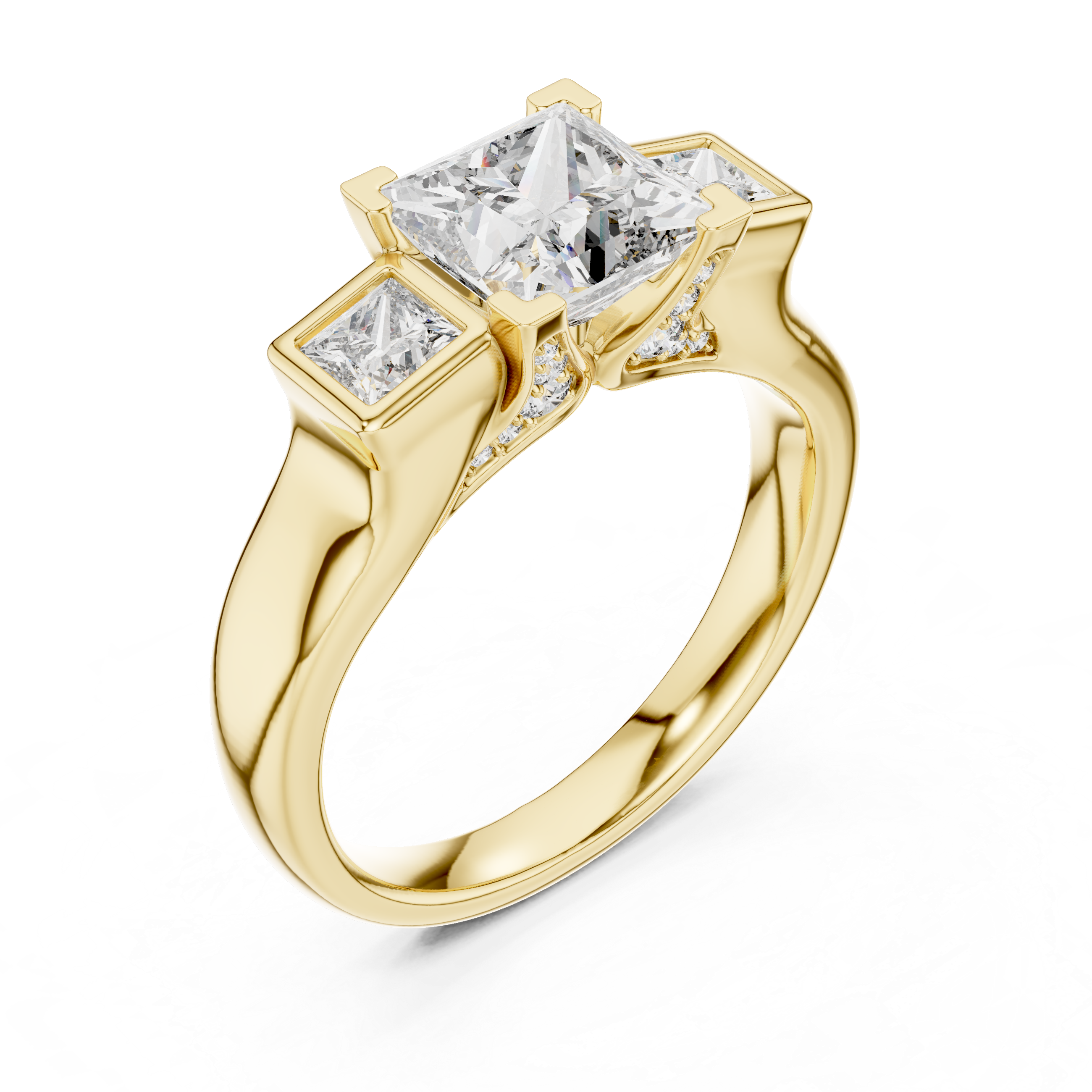 Diamond three-stone engagement ring with side princess-cut diamonds