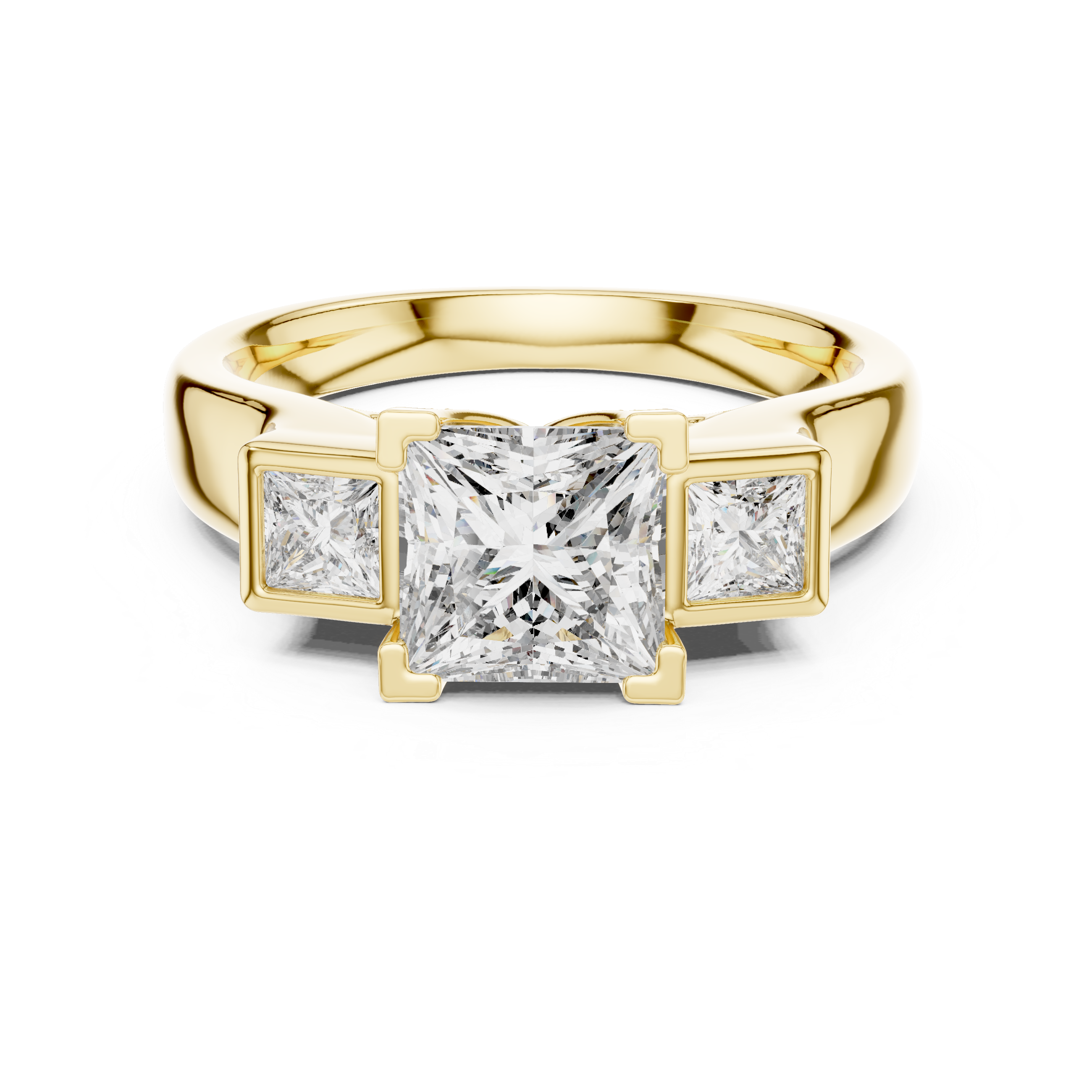 Diamond three-stone engagement ring with side princess-cut diamonds