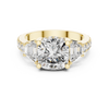 Diamond three-stone engagement ring with trapezoid side stones and pav‚ band