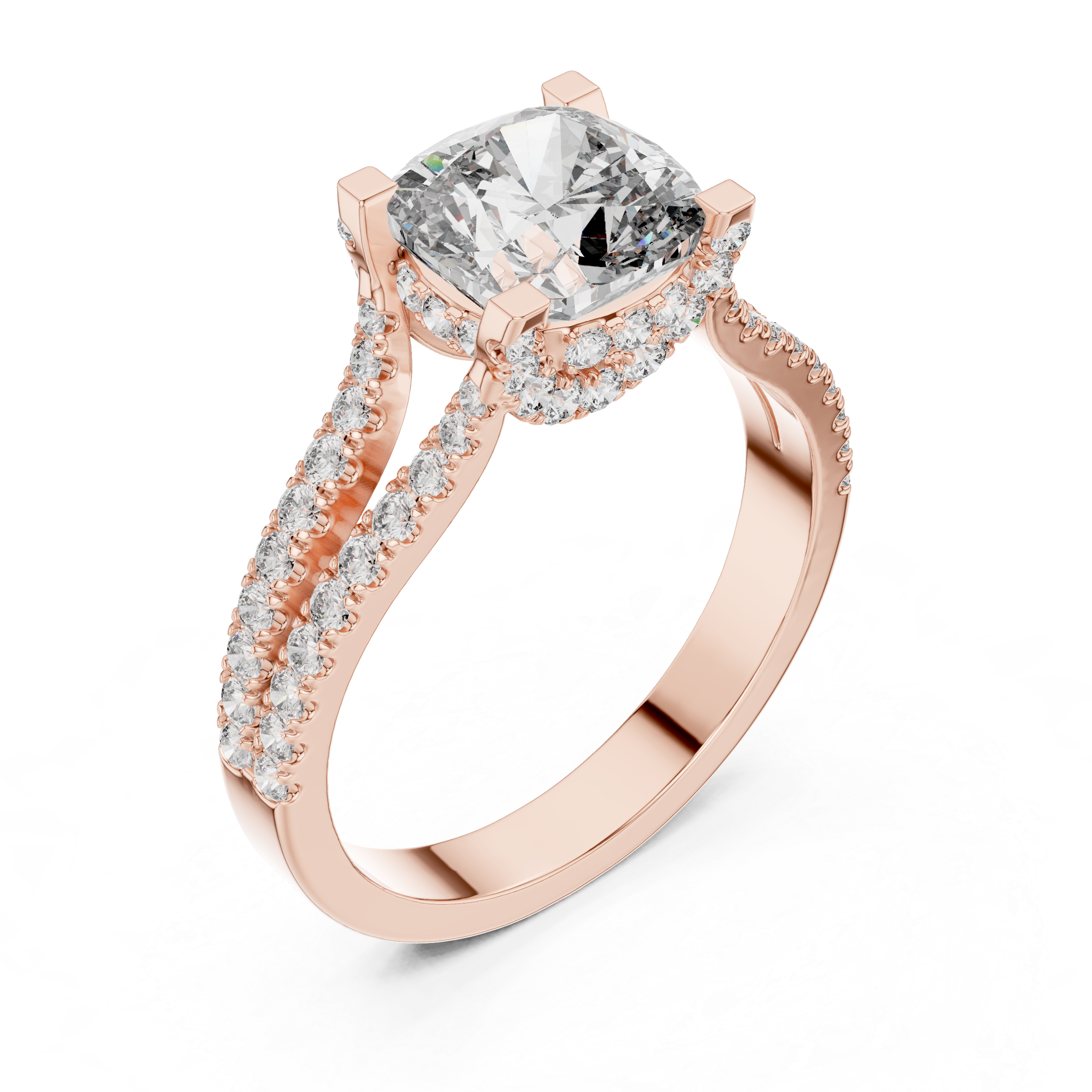 Diamond halo engagement ring with split shank pav‚ band