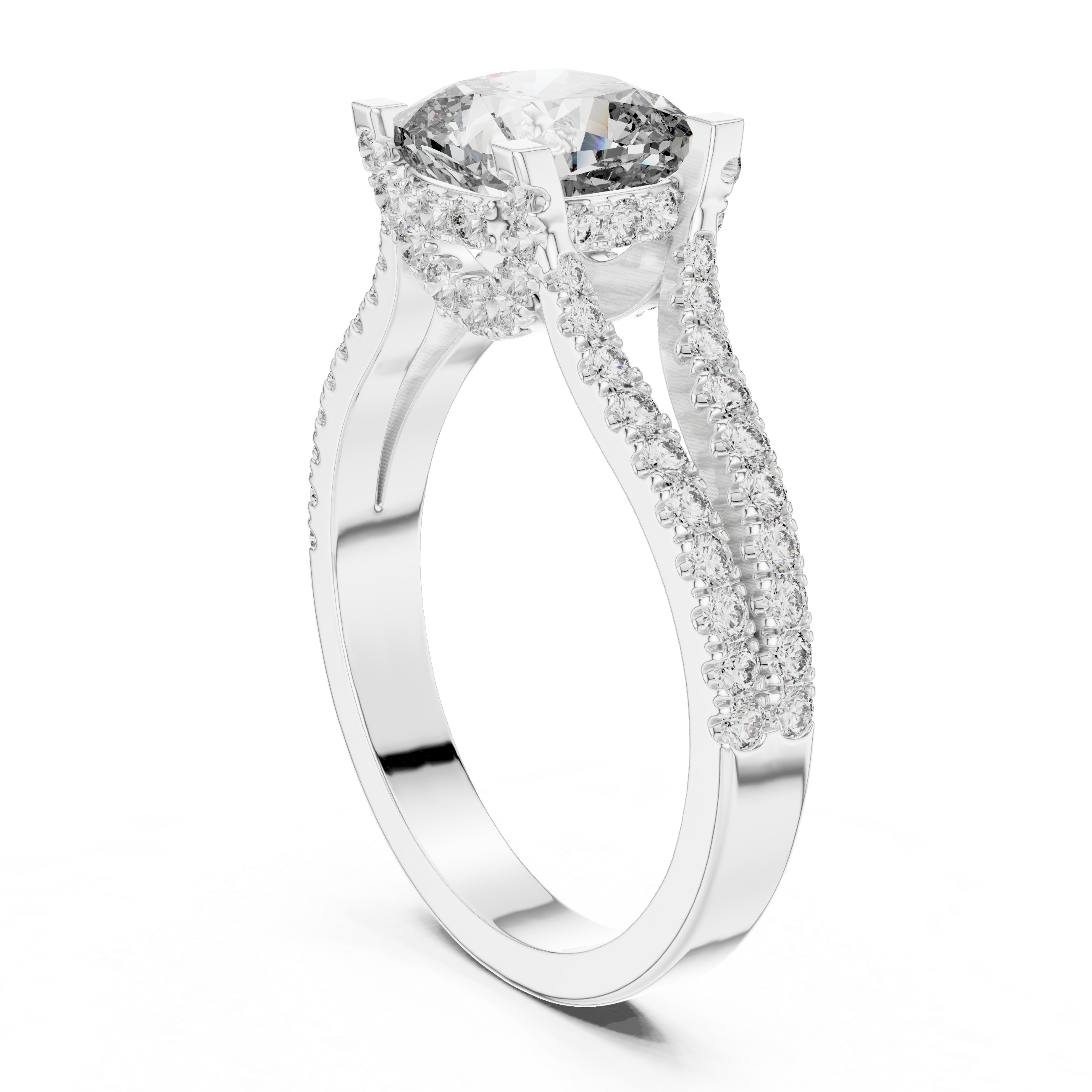 Diamond halo engagement ring with split shank pav‚ band