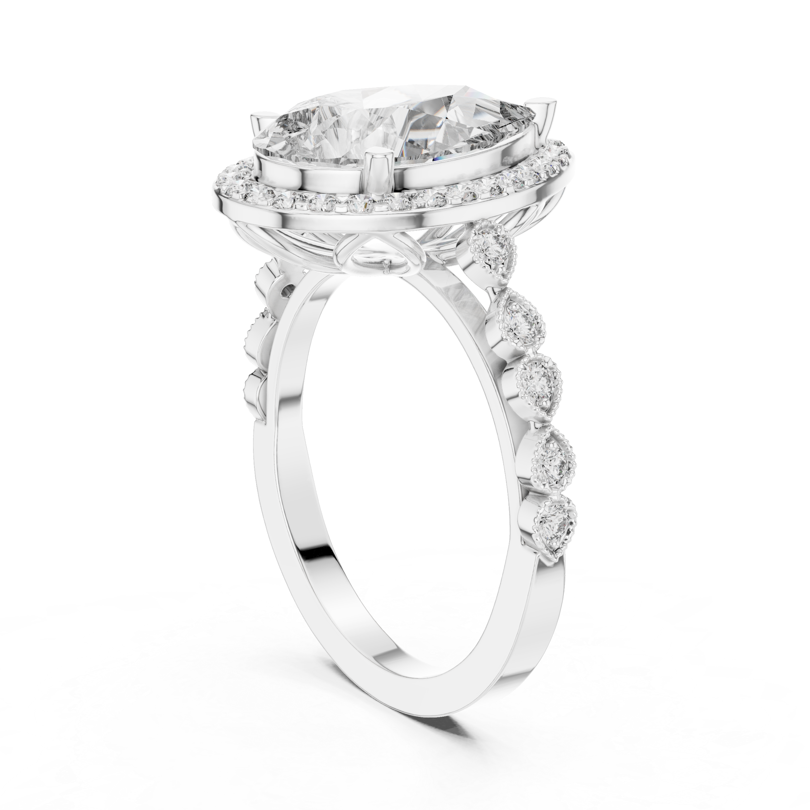 Oval Halo Diamond Ring with Bezel-Set Accent Stones