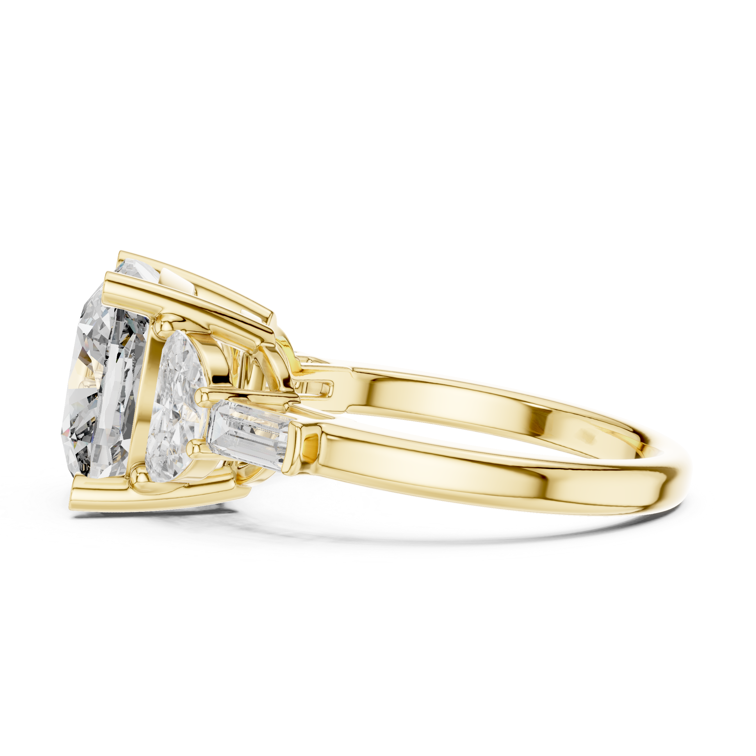 Oval Cut Diamond Three Stone Engagement Ring with Pear and Baguette Side Stones