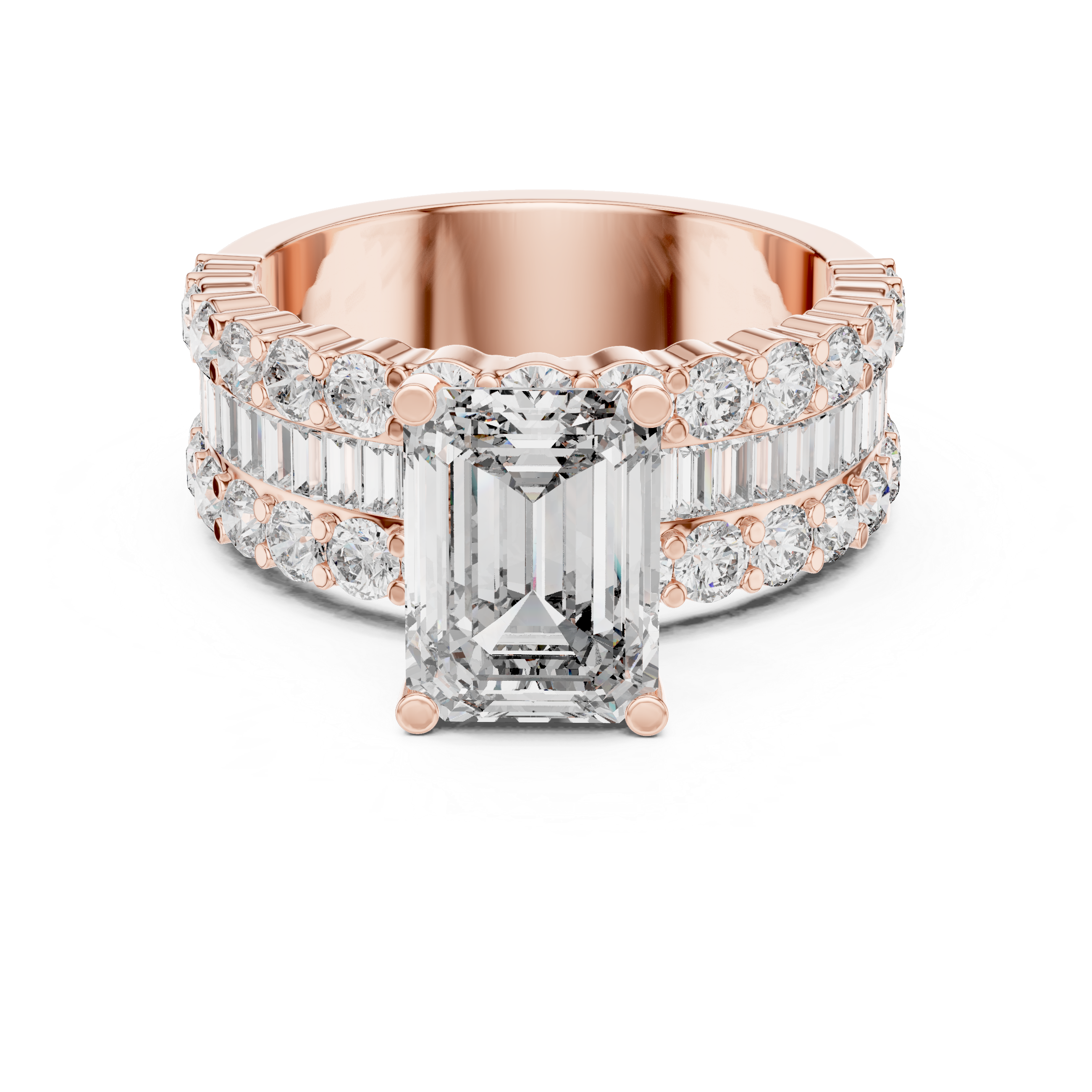 Emerald Cut Diamond Engagement Ring with Triple Row Round and Baguette Accents
