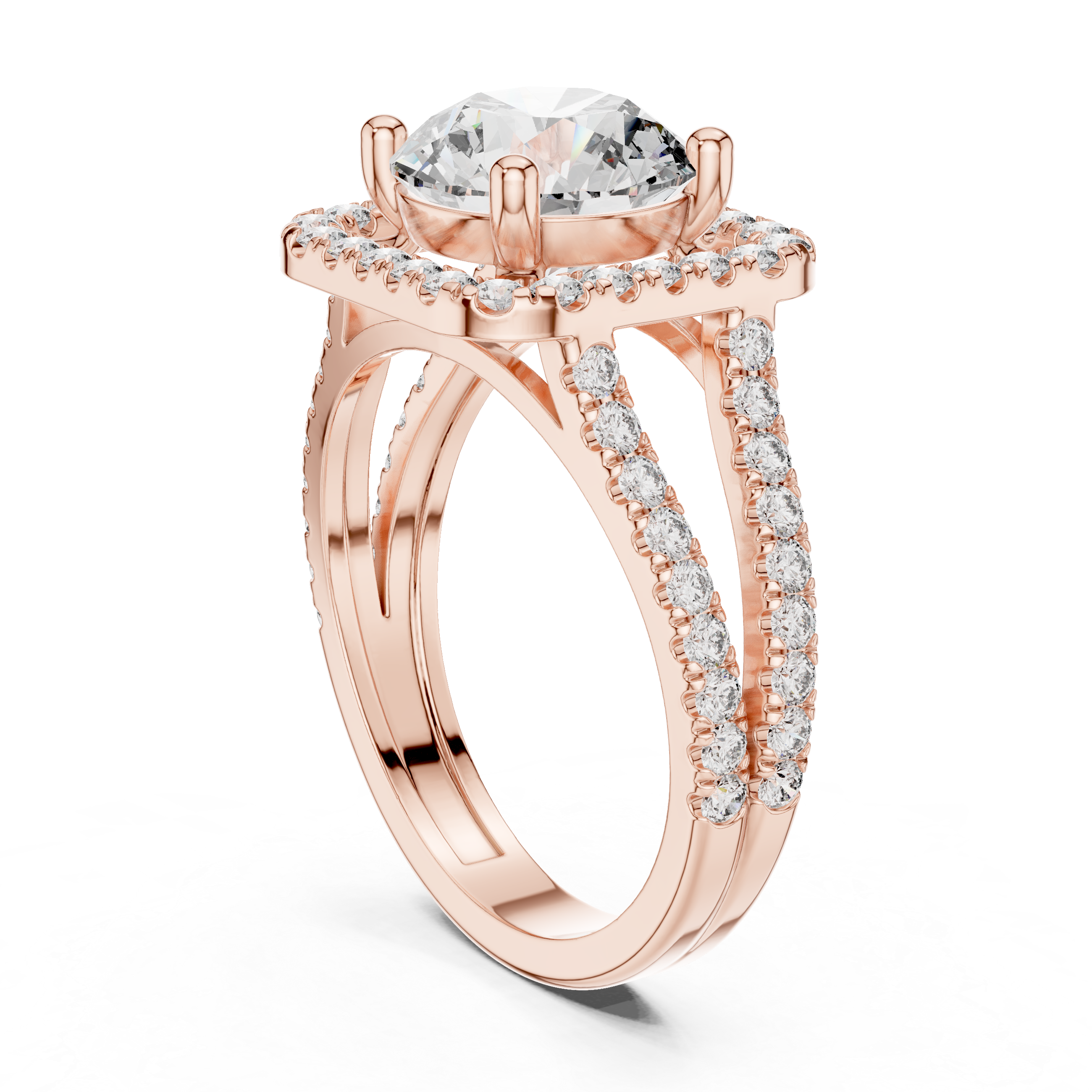 Round Cut Diamond Halo Engagement Ring with Split Shank Pav‚ Band