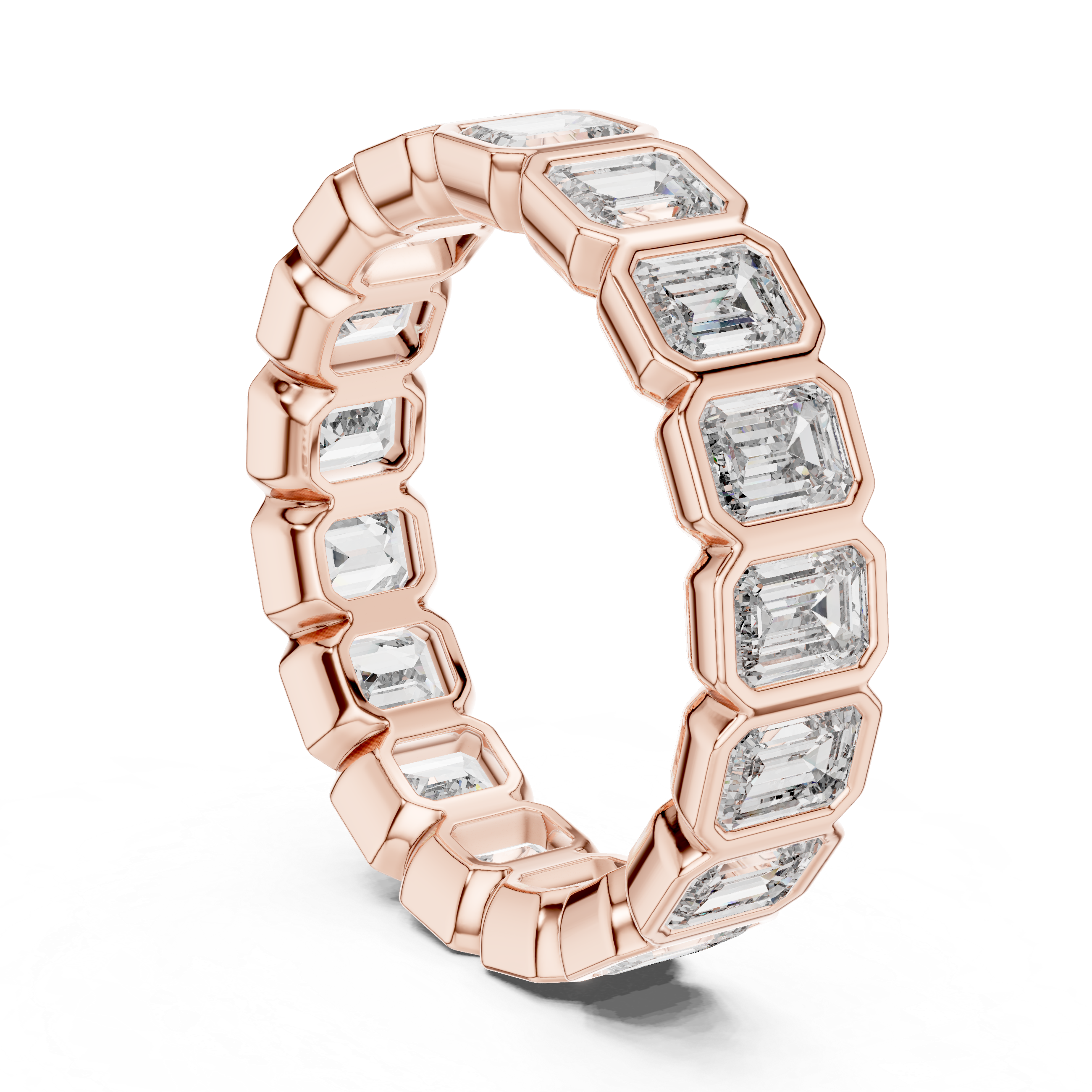 A bold eternity band featuring rectangular emerald-cut diamonds