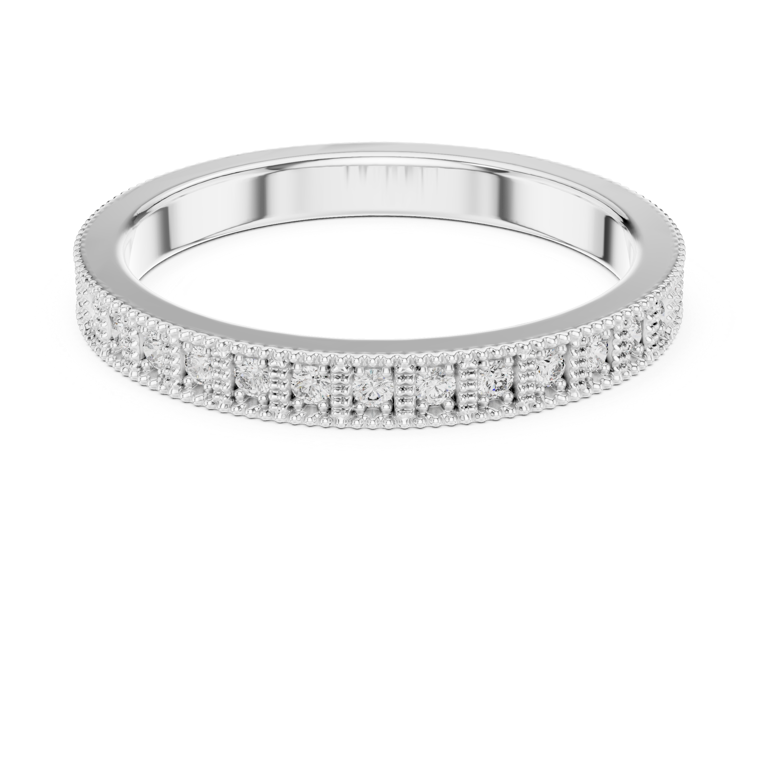 band with milgrain edges and sparkling round diamonds.