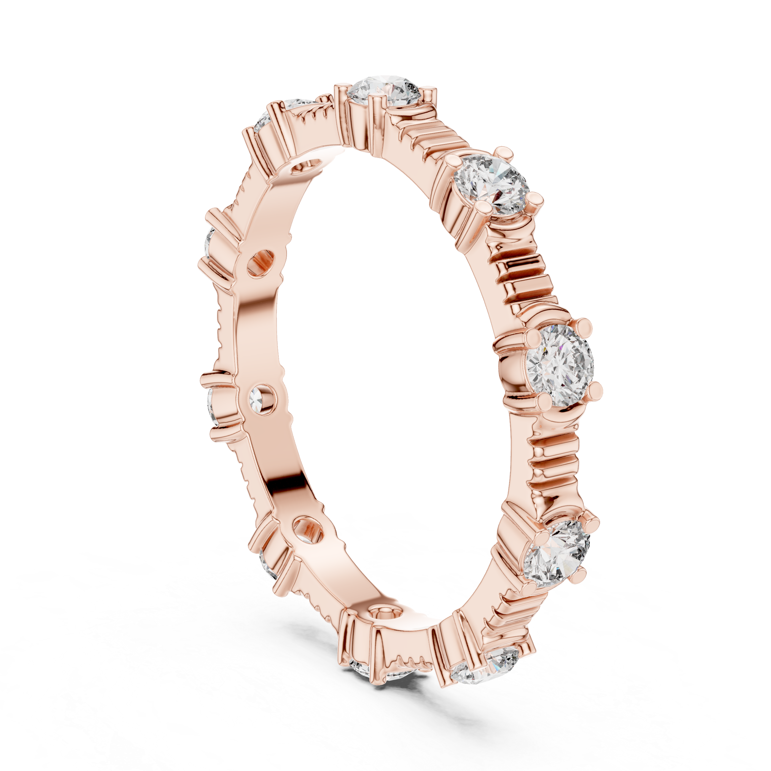 eternity band with round diamonds set in a unique prong design.