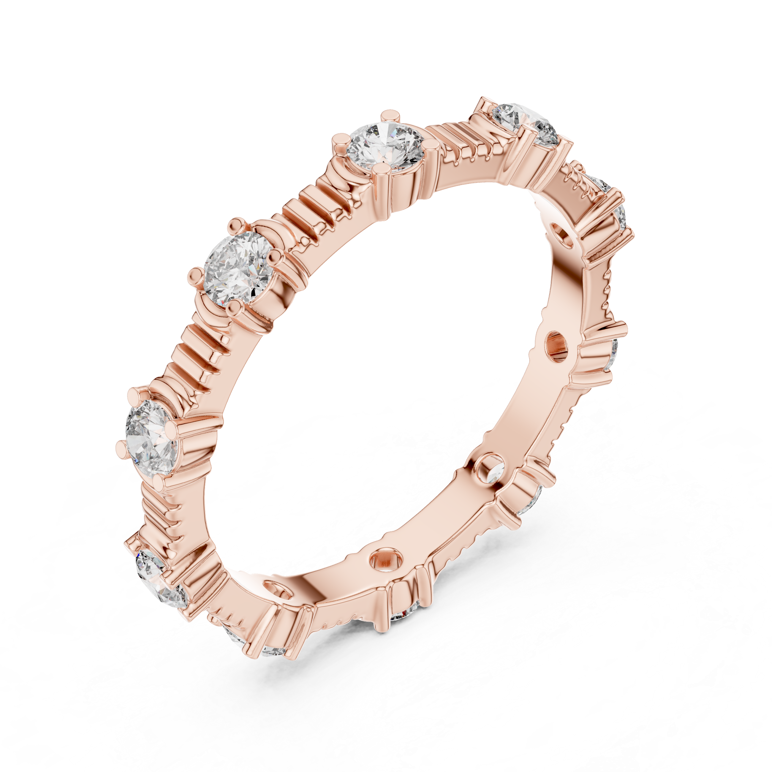 eternity band with round diamonds set in a unique prong design.