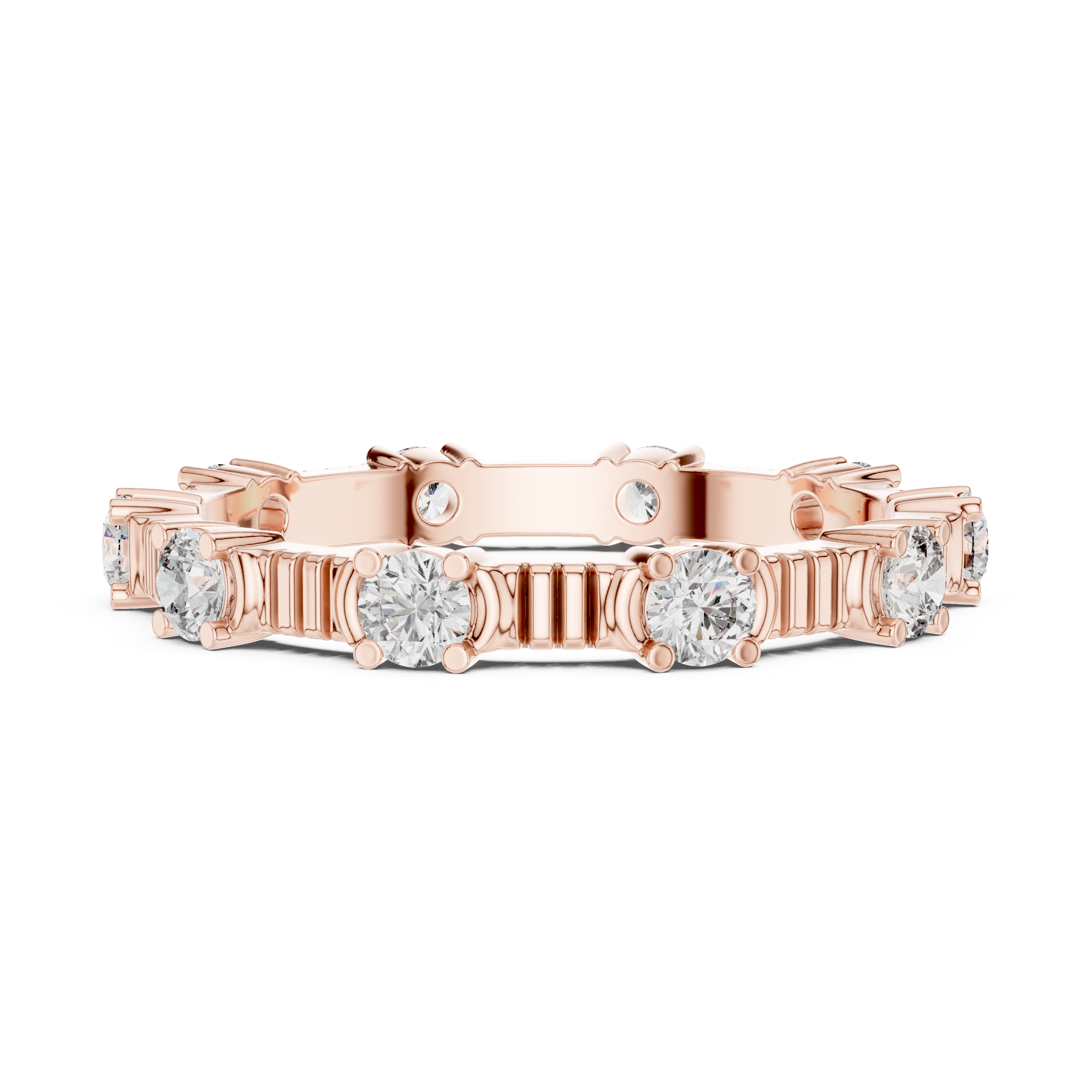 eternity band with round diamonds set in a unique prong design.