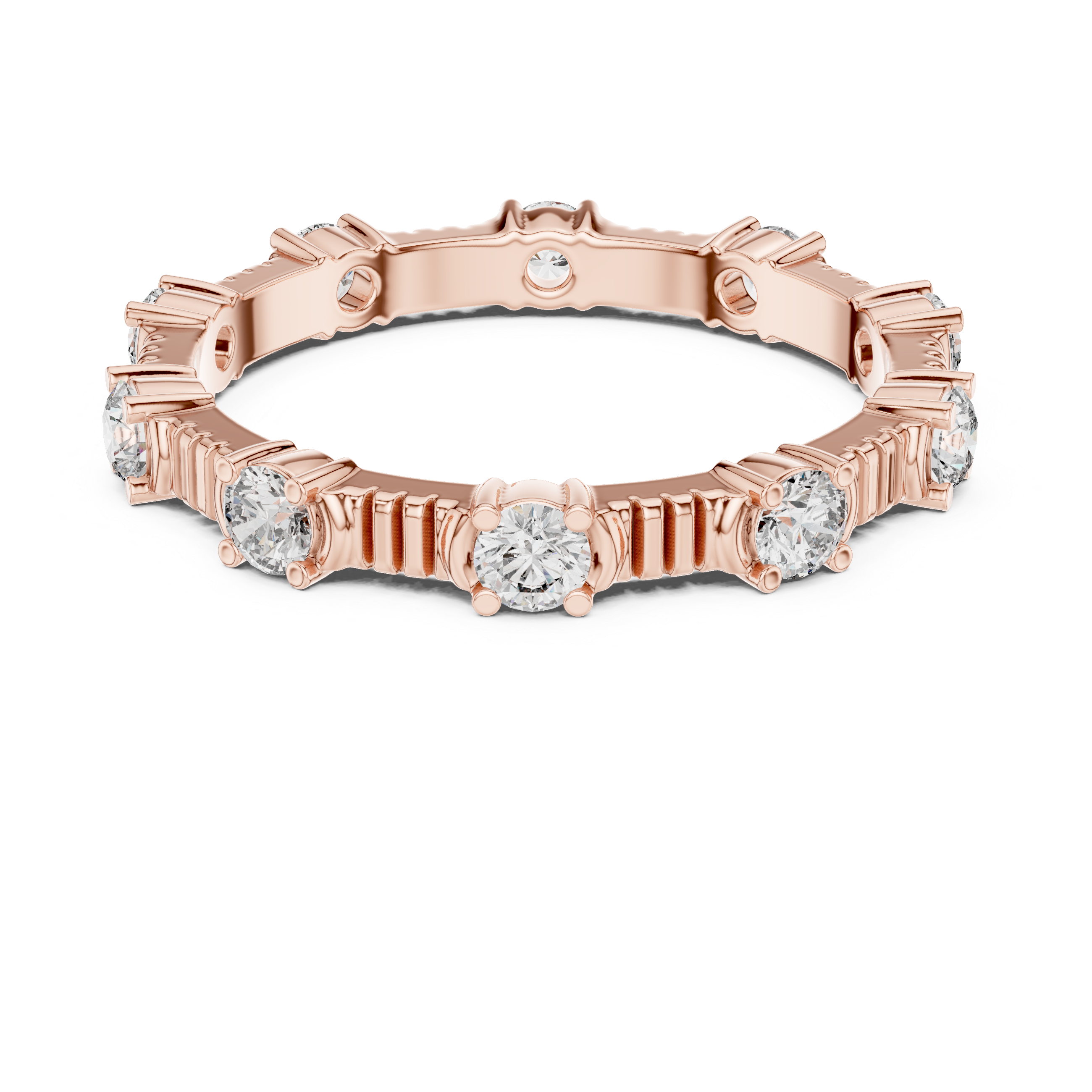 eternity band with round diamonds set in a unique prong design.