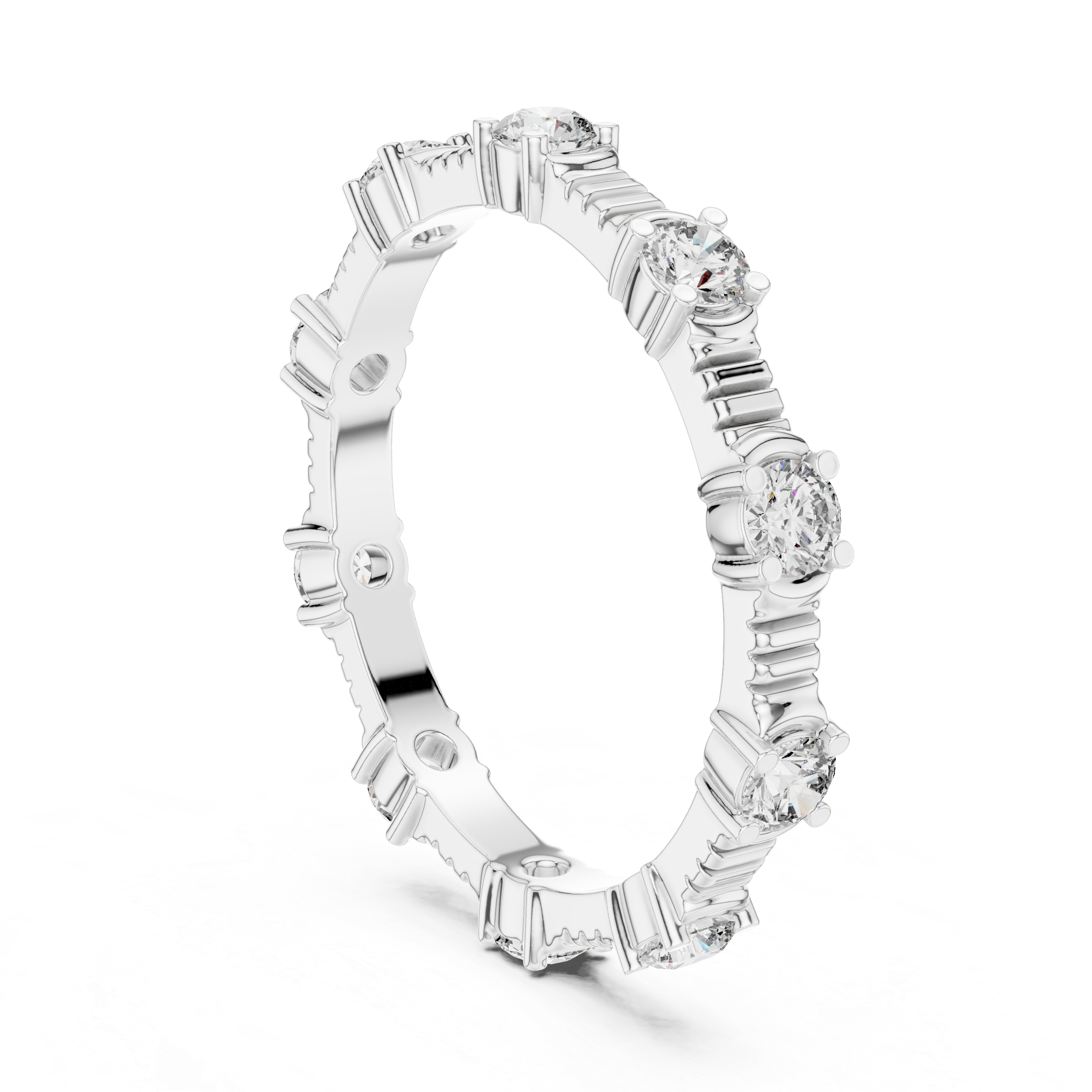 eternity band with round diamonds set in a unique prong design.