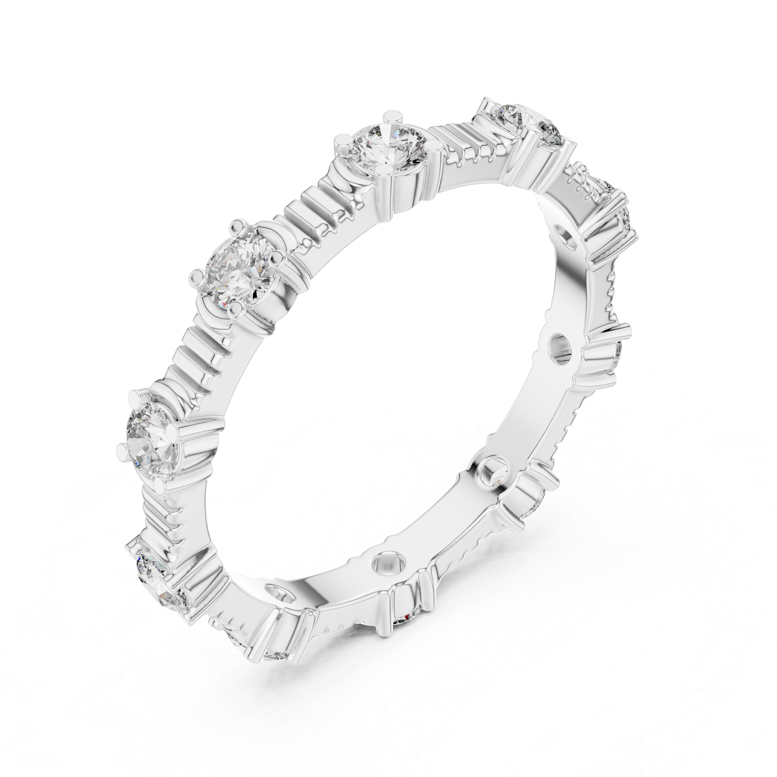 eternity band with round diamonds set in a unique prong design.