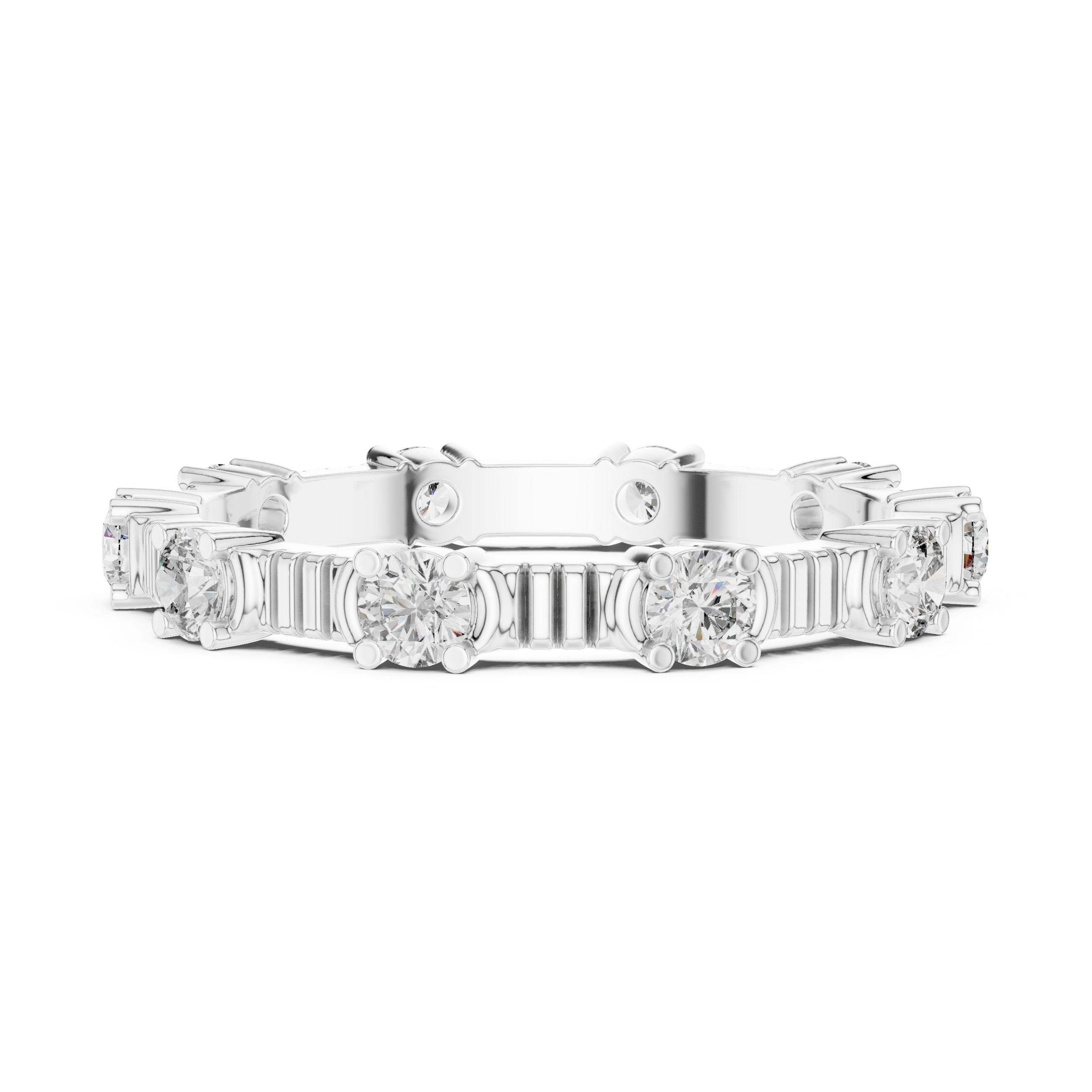 eternity band with round diamonds set in a unique prong design.