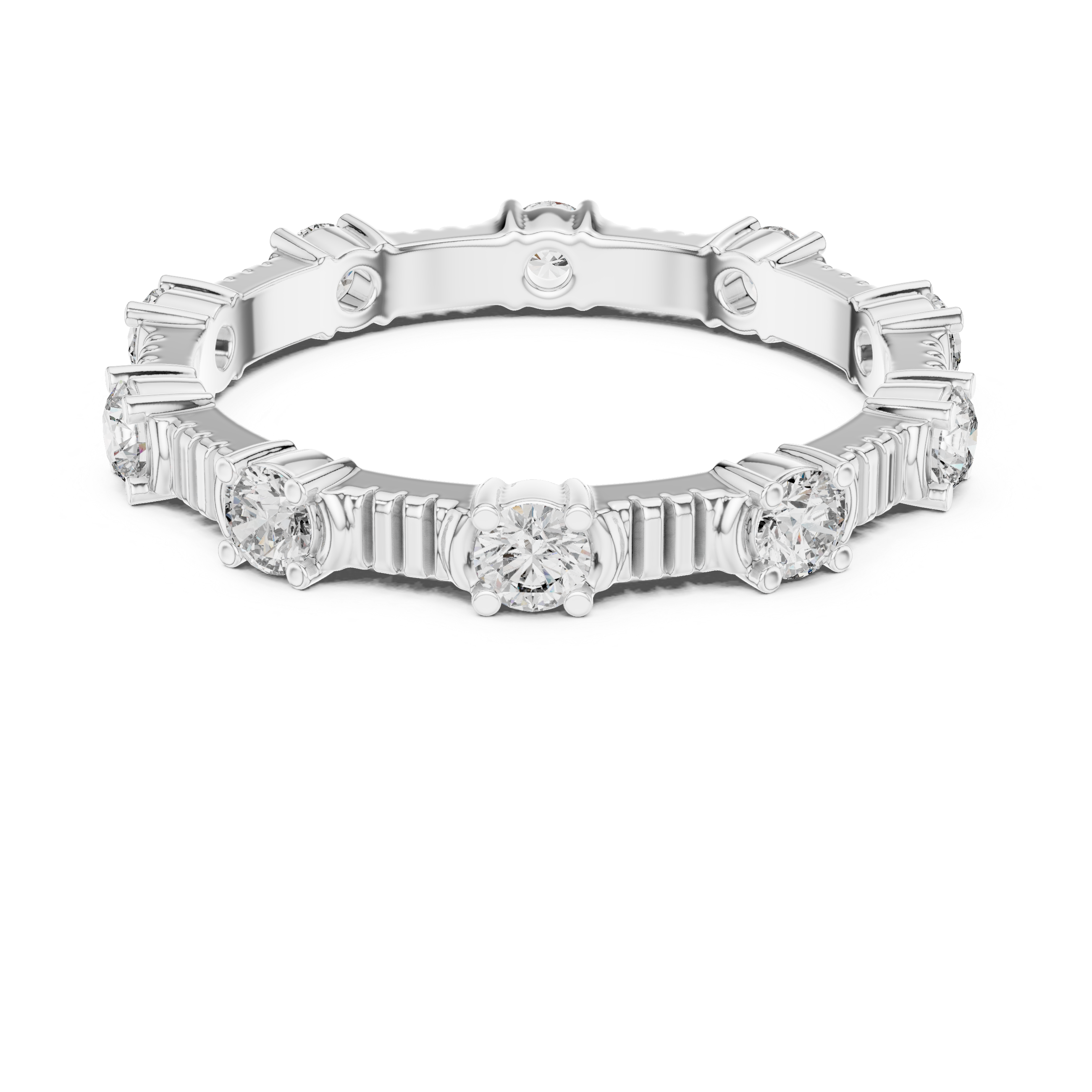 eternity band with round diamonds set in a unique prong design.