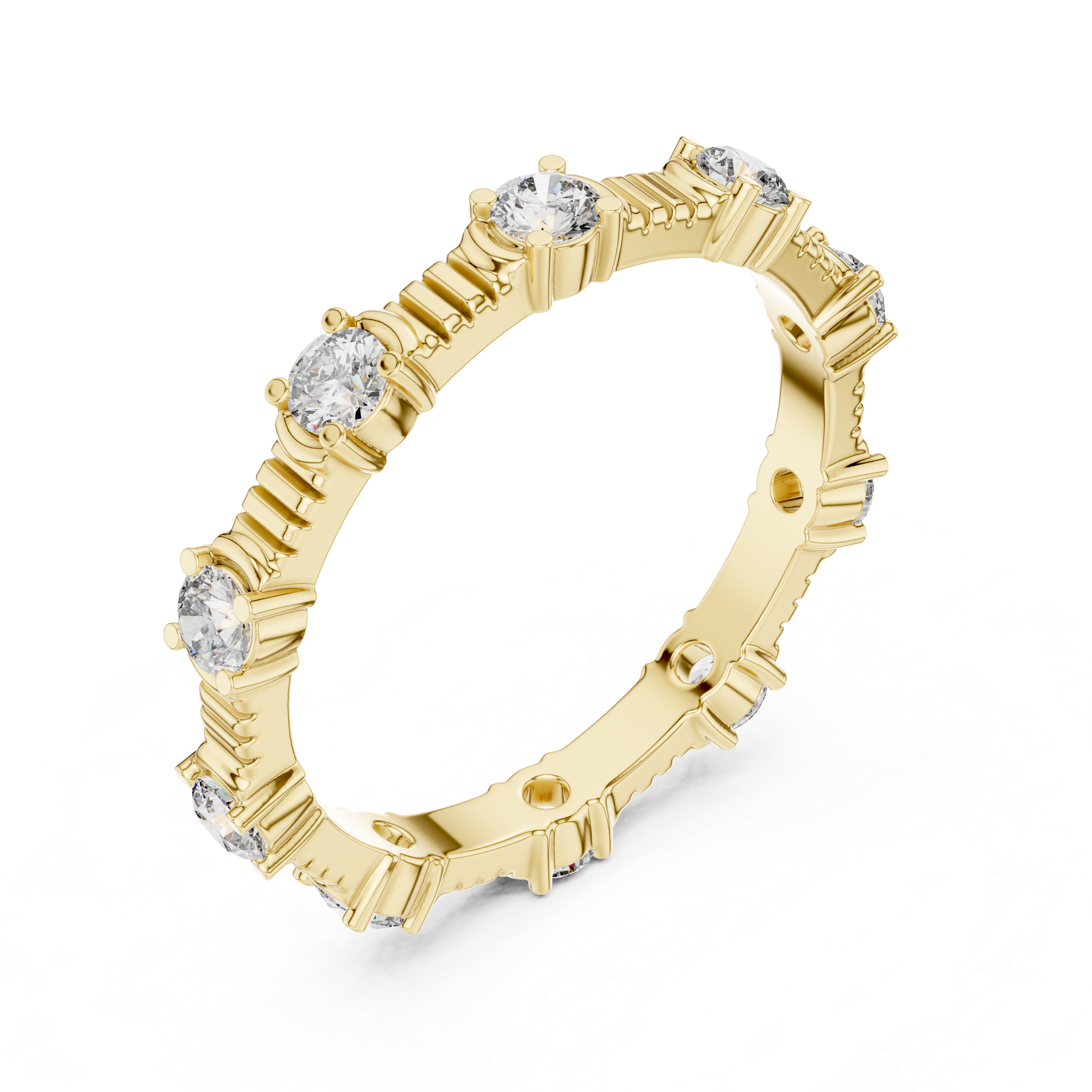 eternity band with round diamonds set in a unique prong design.