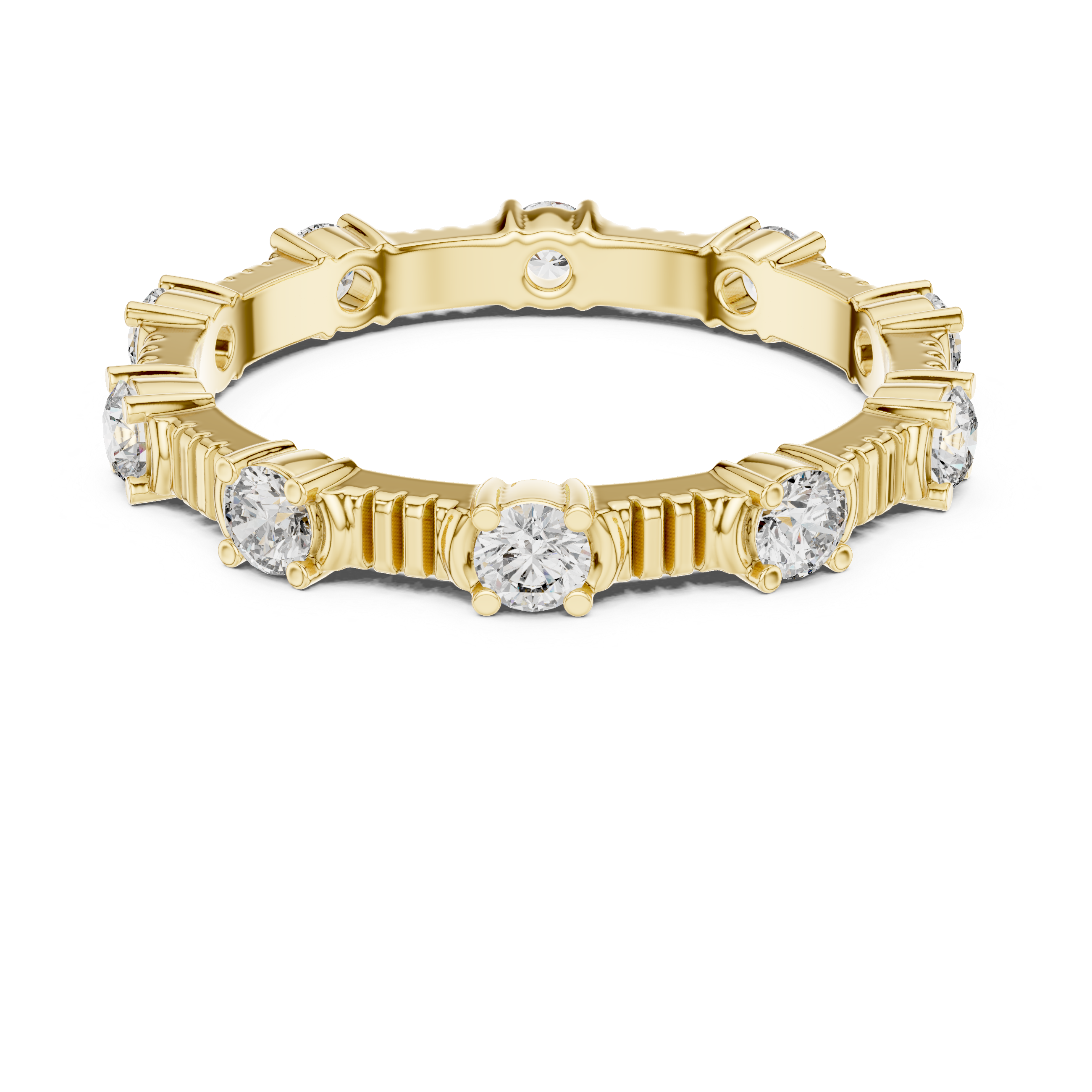 eternity band with round diamonds set in a unique prong design.