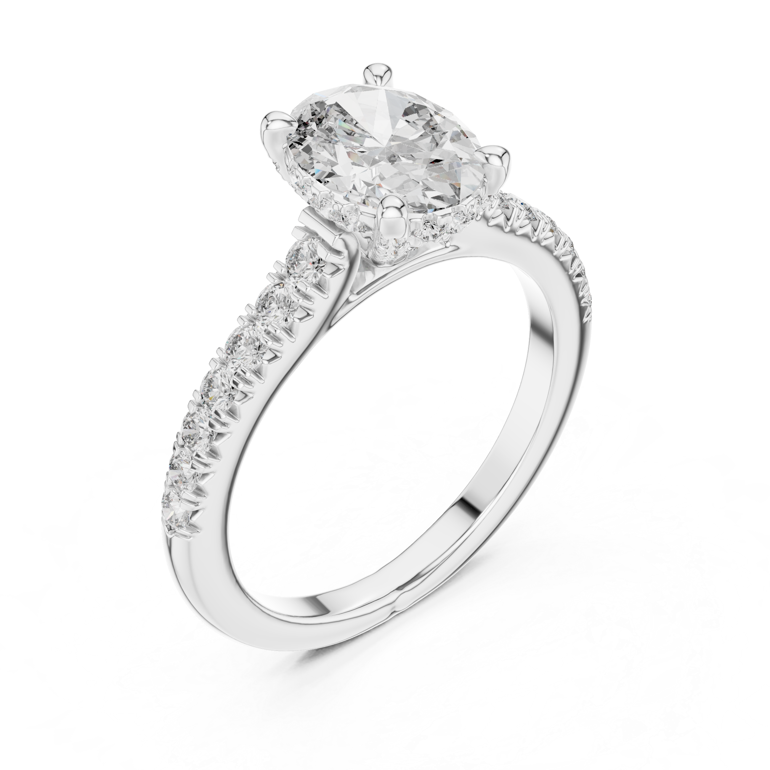 Solitaire Engagement Ring with Diamond-Studded Band and Halo Setting