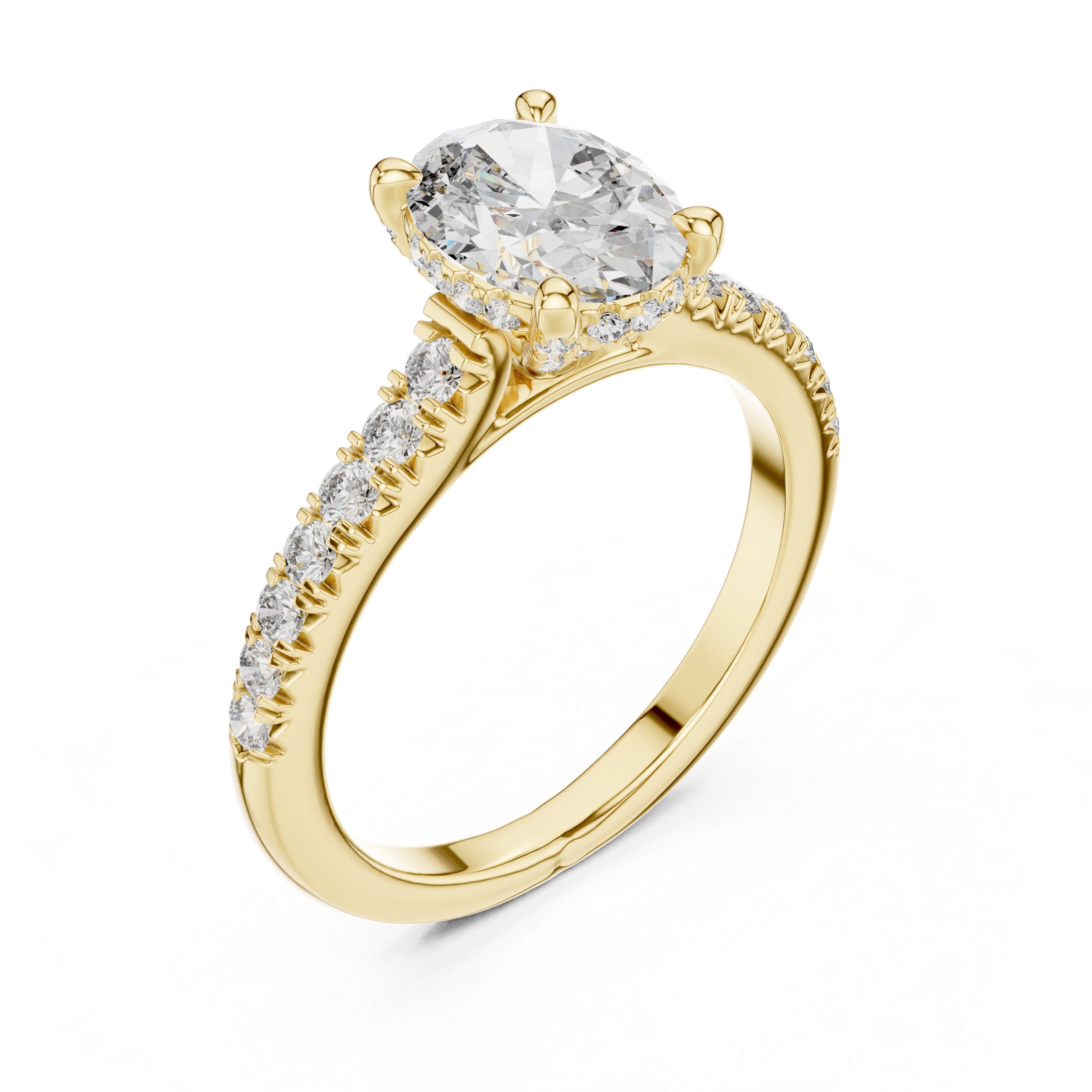 Solitaire Engagement Ring with Diamond-Studded Band and Halo Setting