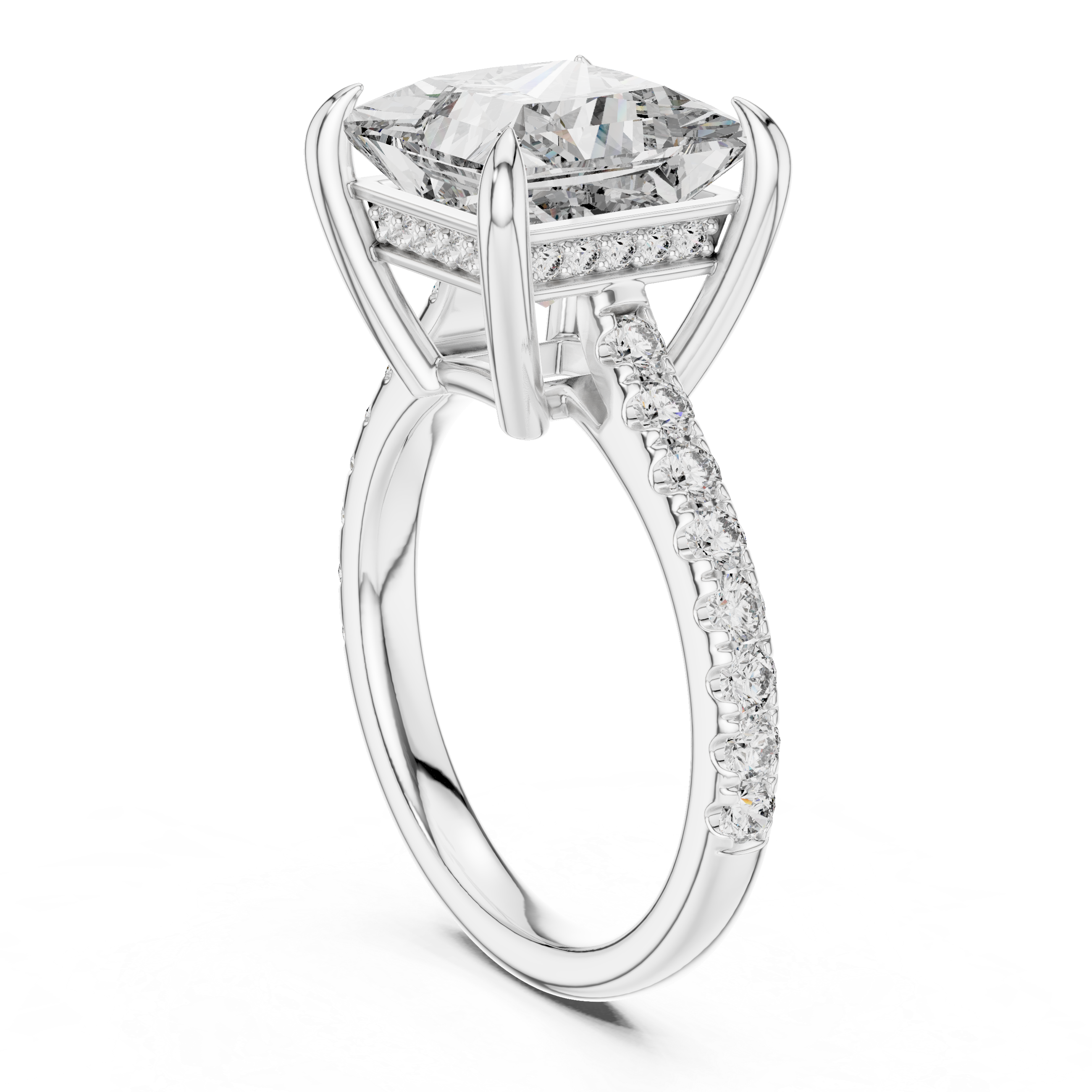 Cathedral Engagement Ring with Hidden Halo and Diamond Band