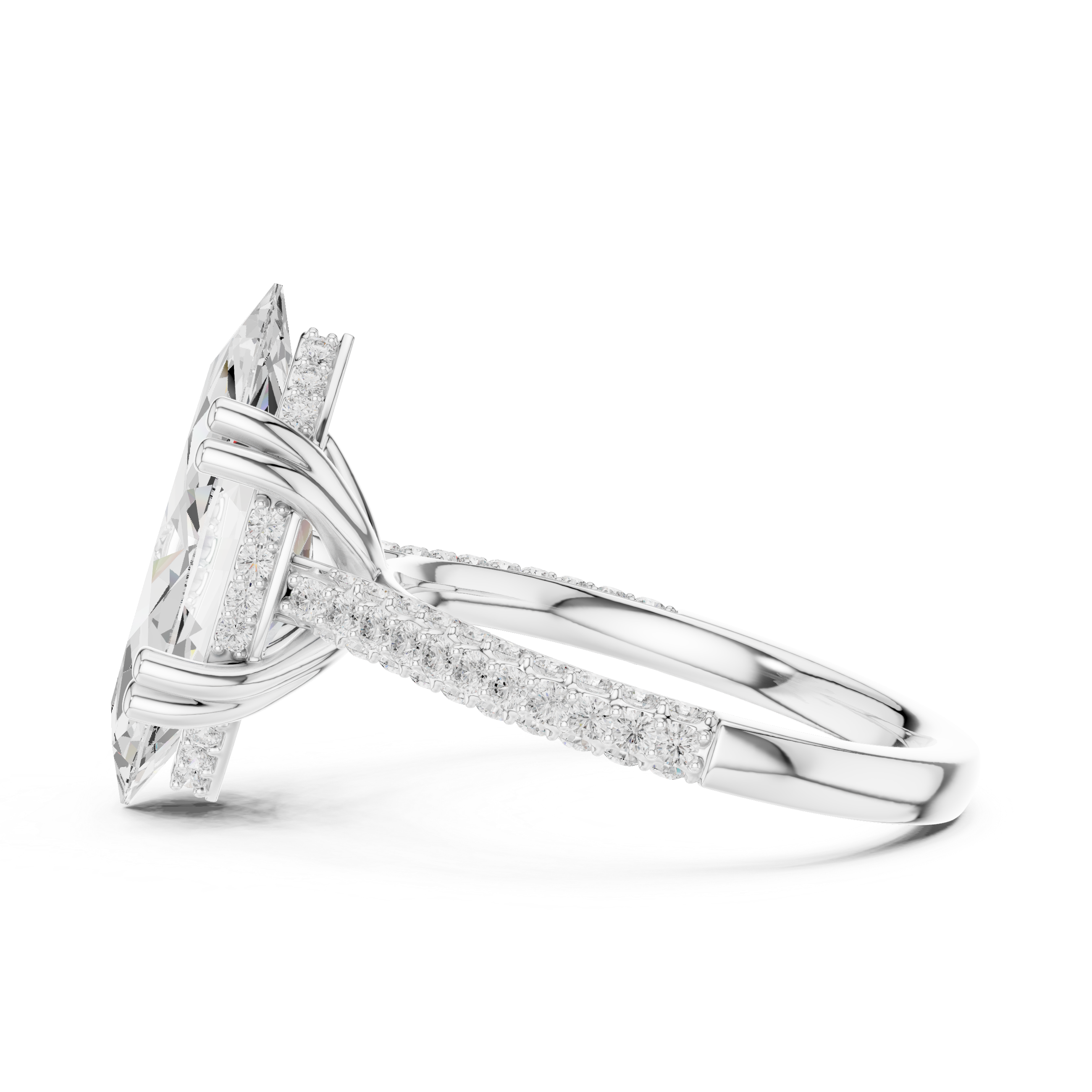a large oval diamond and a wide pav‚ diamond band.