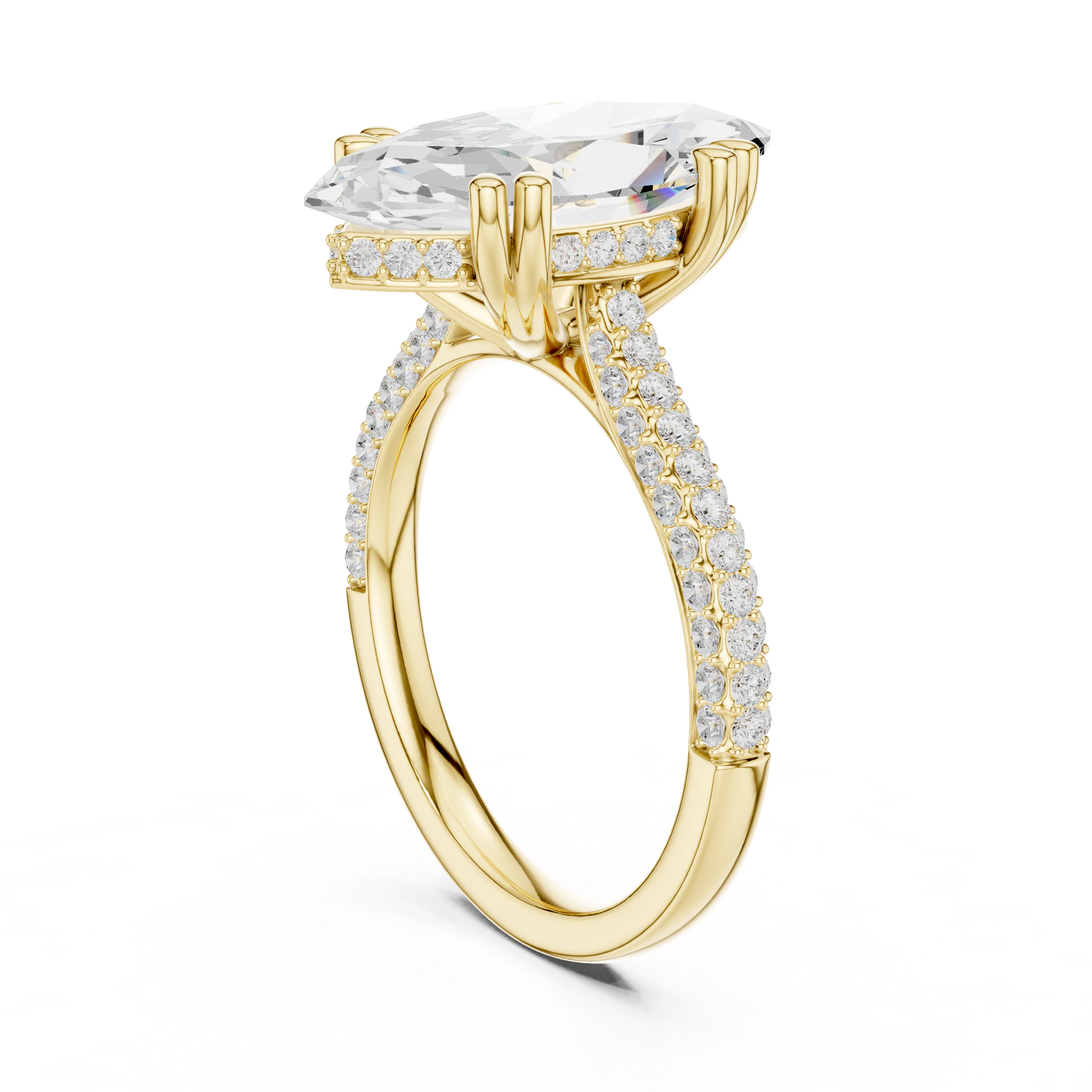 a large oval diamond and a wide pav‚ diamond band.