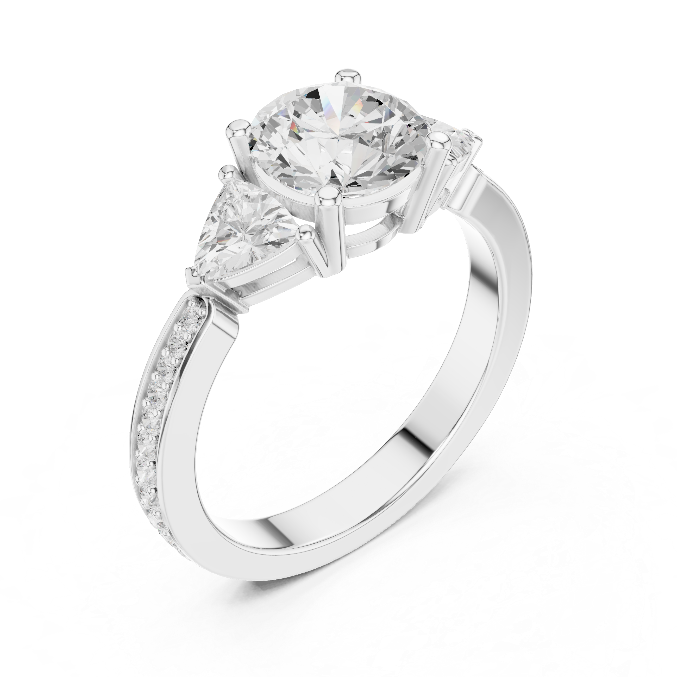 Three-stone diamond ring with pav‚-accented band.