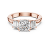 Cushion-cut three-stone diamond engagement ring with emerald-cut side diamonds on a smooth band.