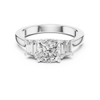 Cushion-cut three-stone diamond engagement ring with emerald-cut side diamonds on a smooth band.