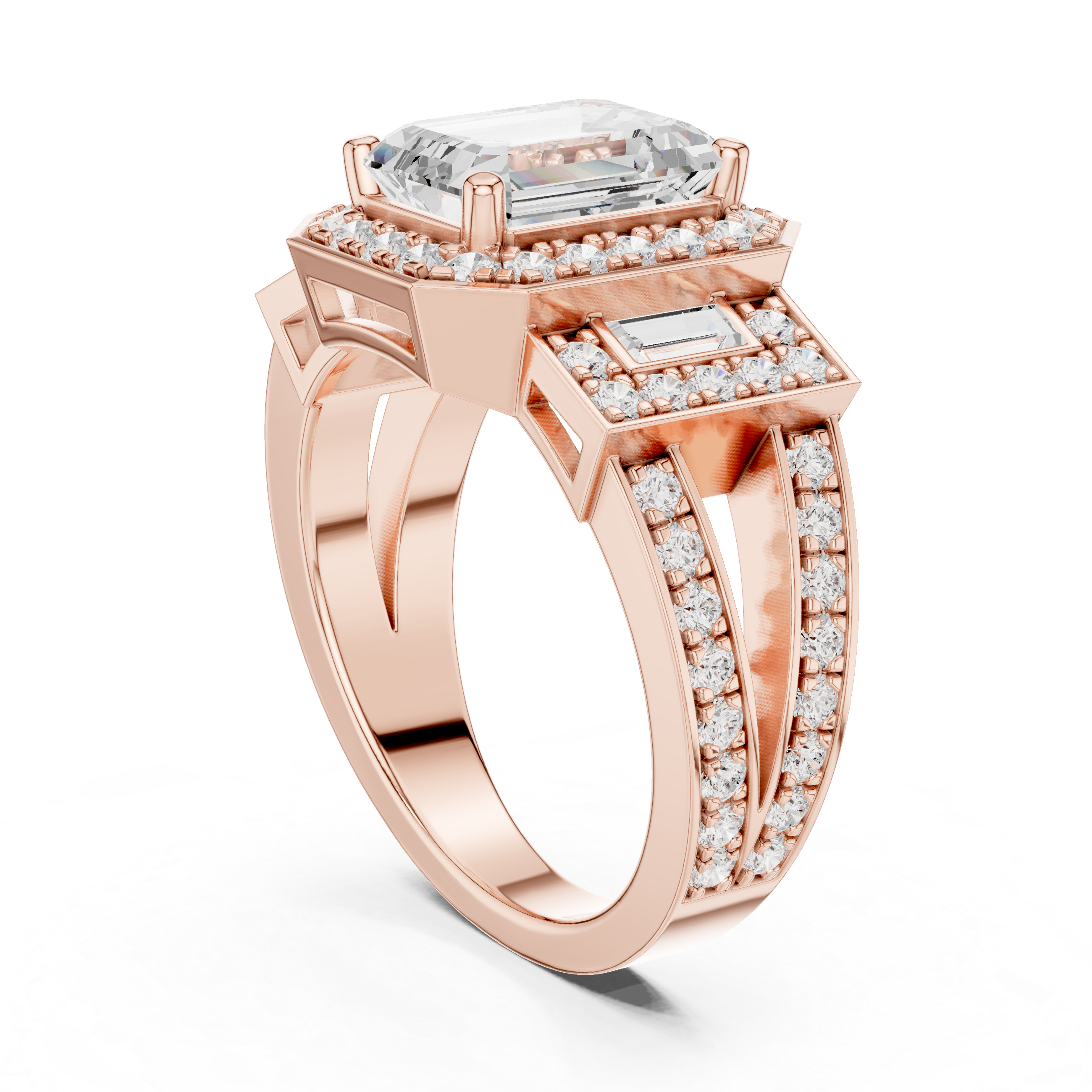 Emerald-Cut Diamond Halo Ring with Side Emerald-Cut Accents