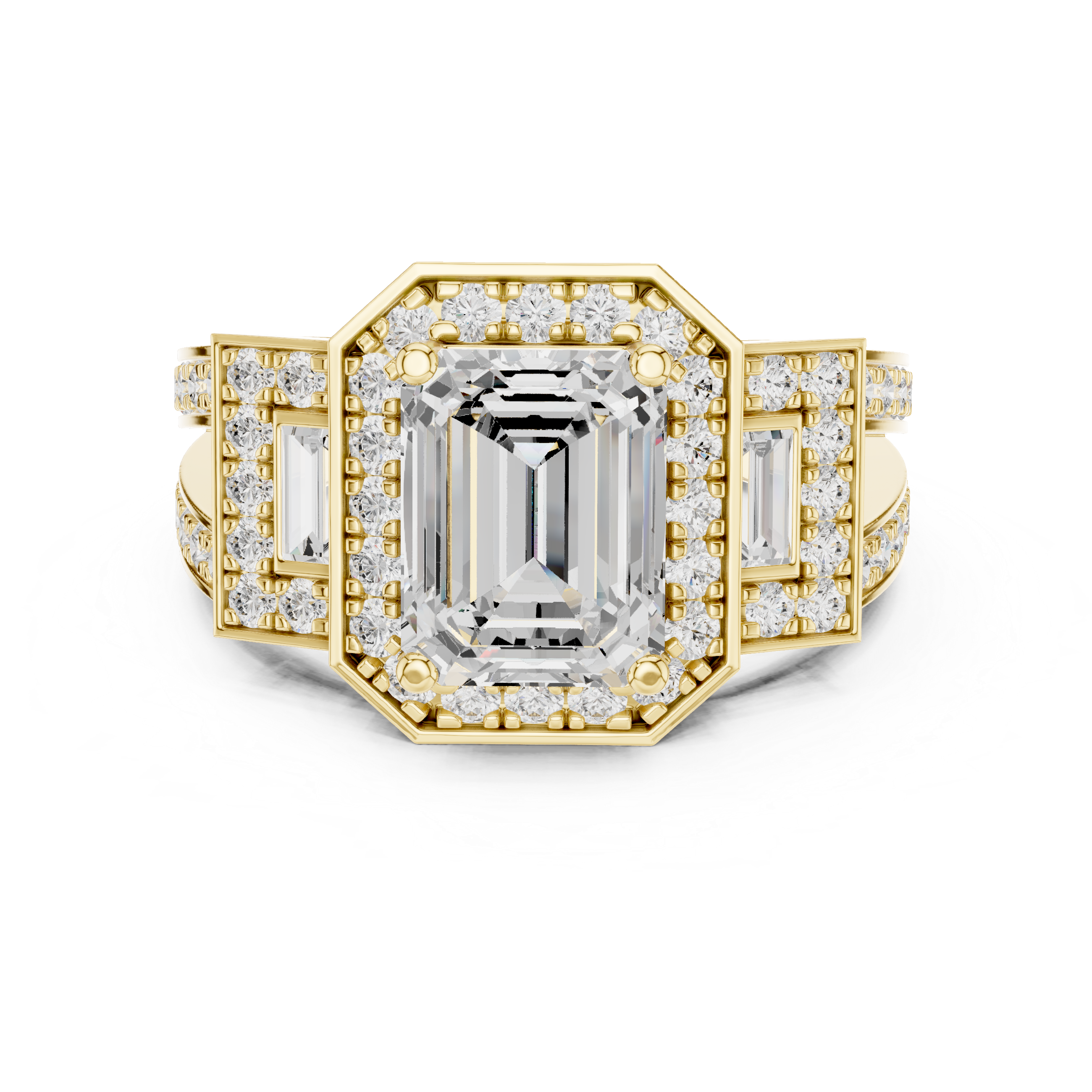 Emerald-Cut Diamond Halo Ring with Side Emerald-Cut Accents