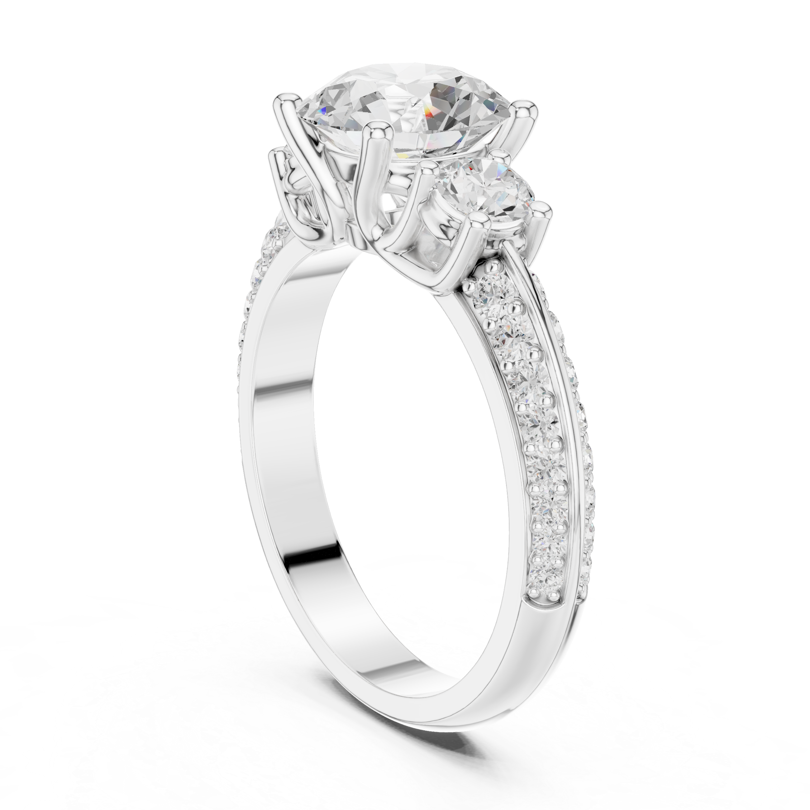 Classic Three-Stone Diamond Engagement Ring with Pave Band