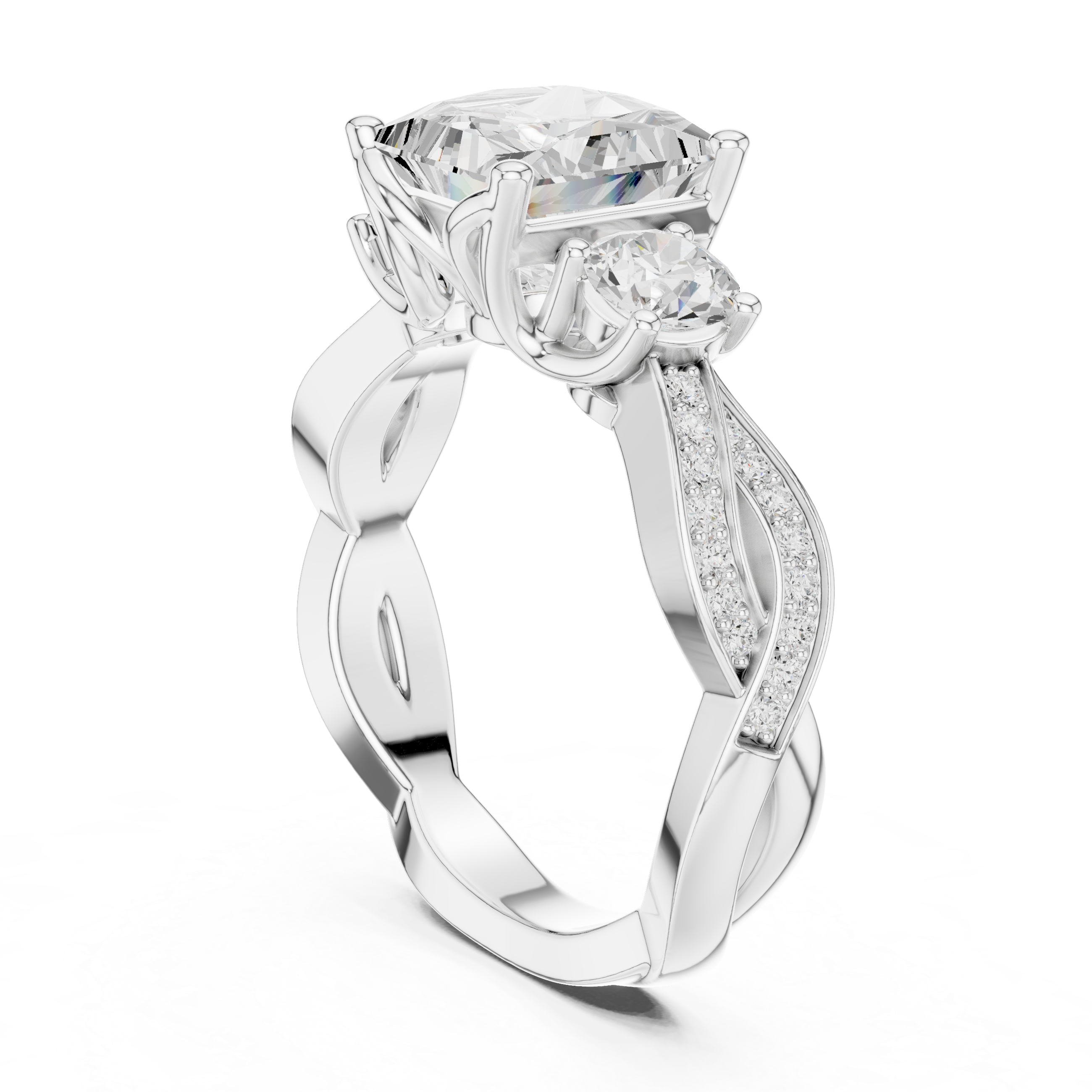 princess-cut center diamond ring with two round side diamonds