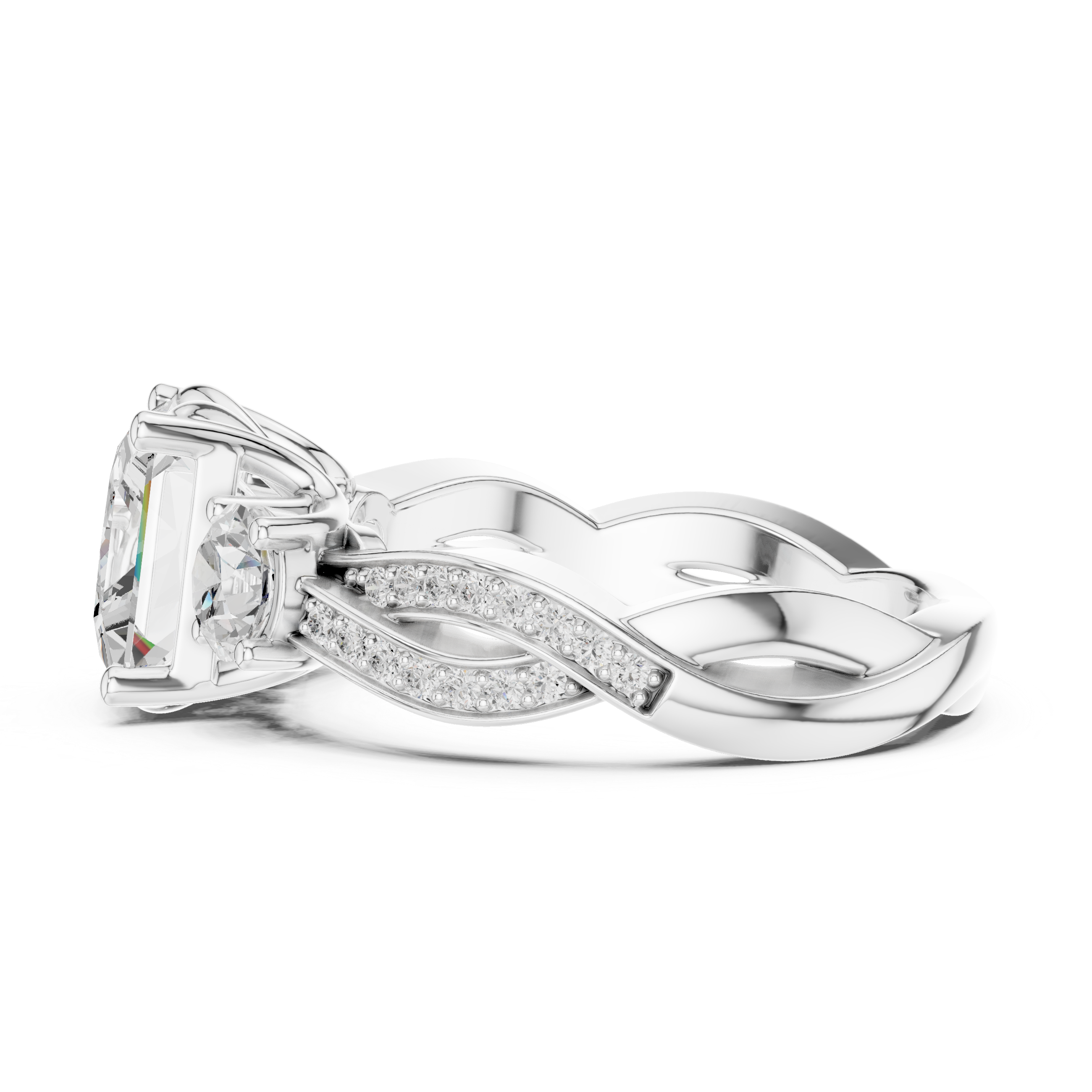princess-cut center diamond ring with two round side diamonds