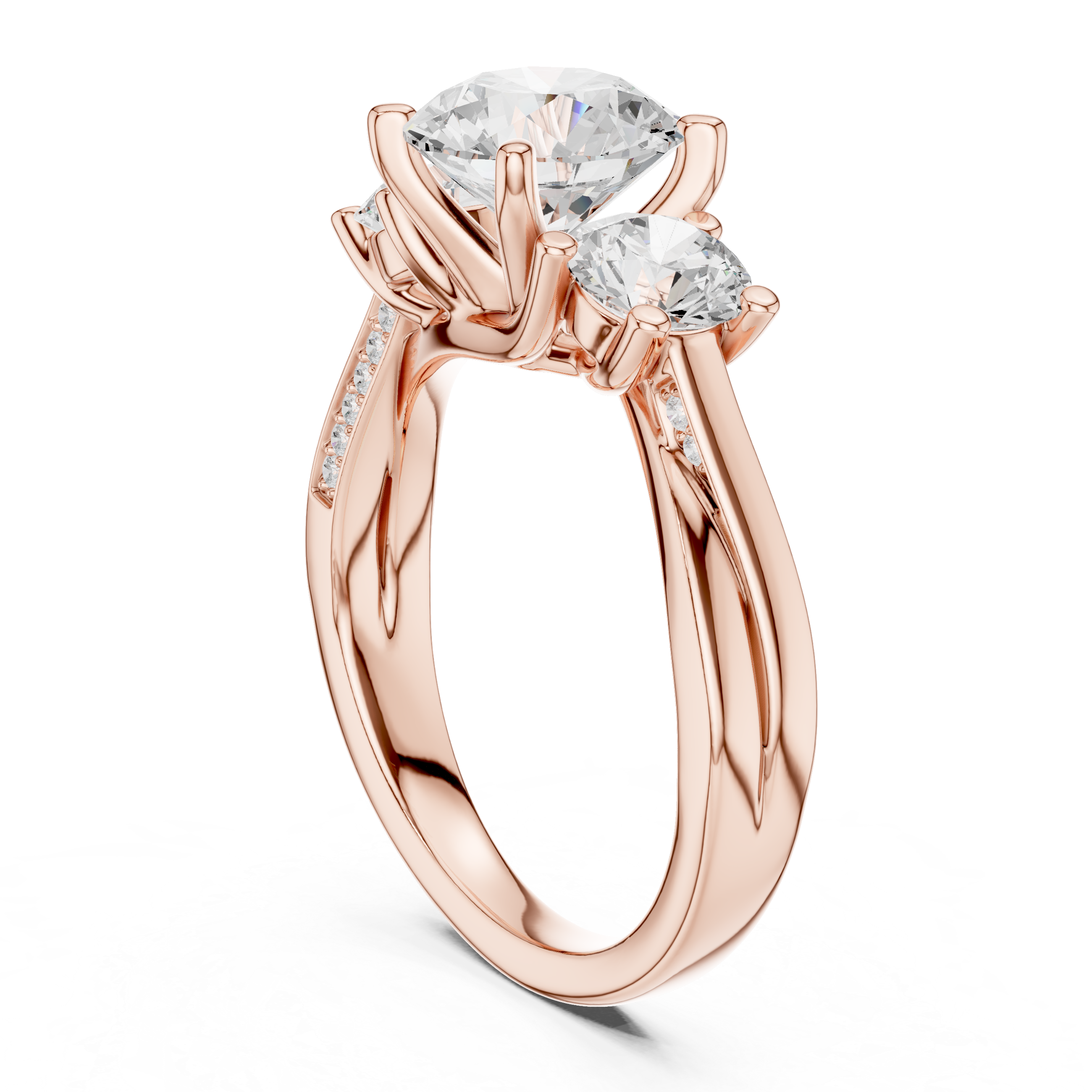 Three Stone Round Cut Diamond Ring with Accented Band
