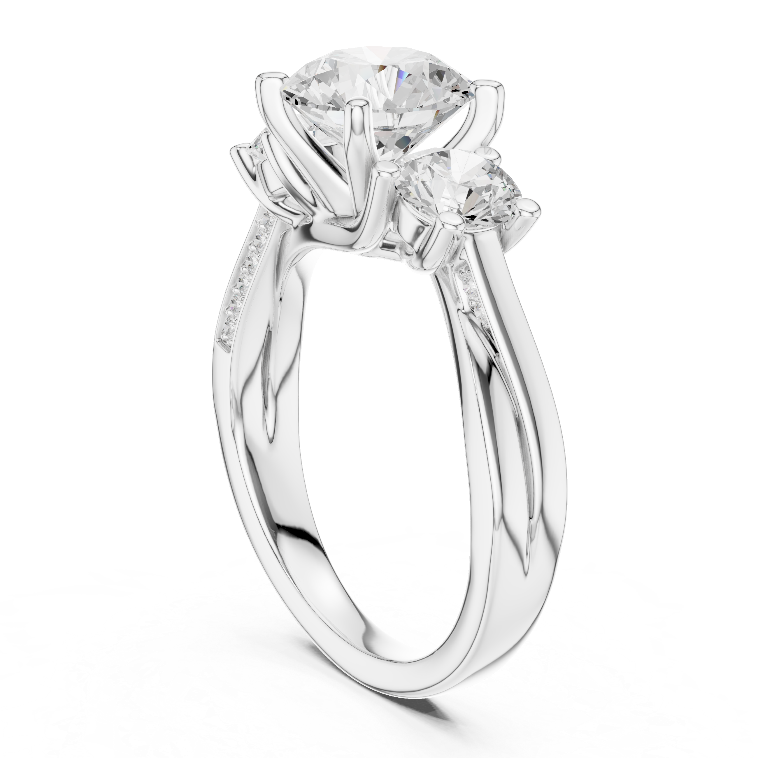 Three Stone Round Cut Diamond Ring with Accented Band