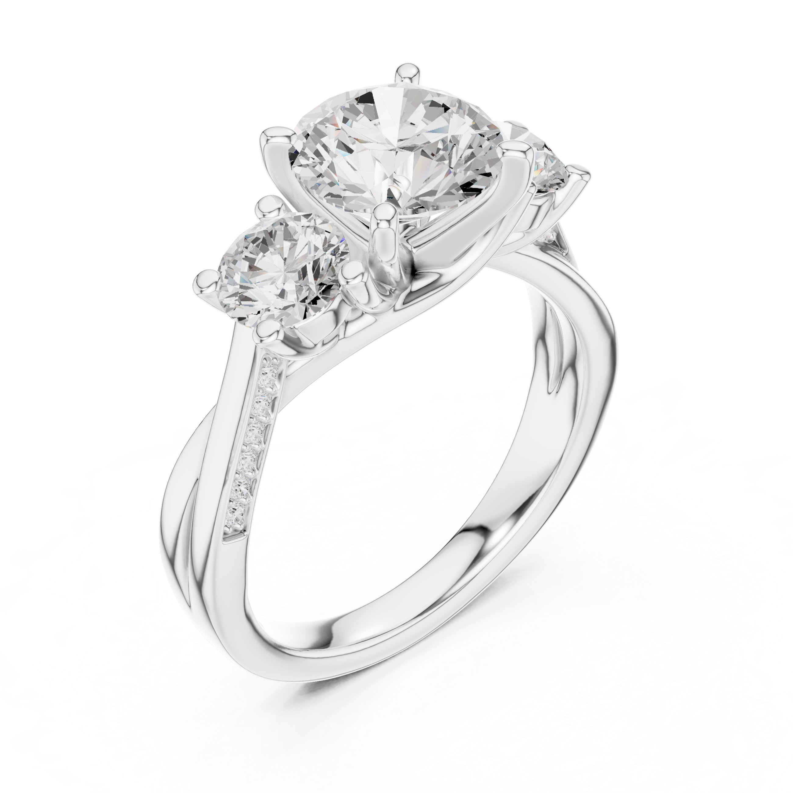 Three Stone Round Cut Diamond Ring with Accented Band