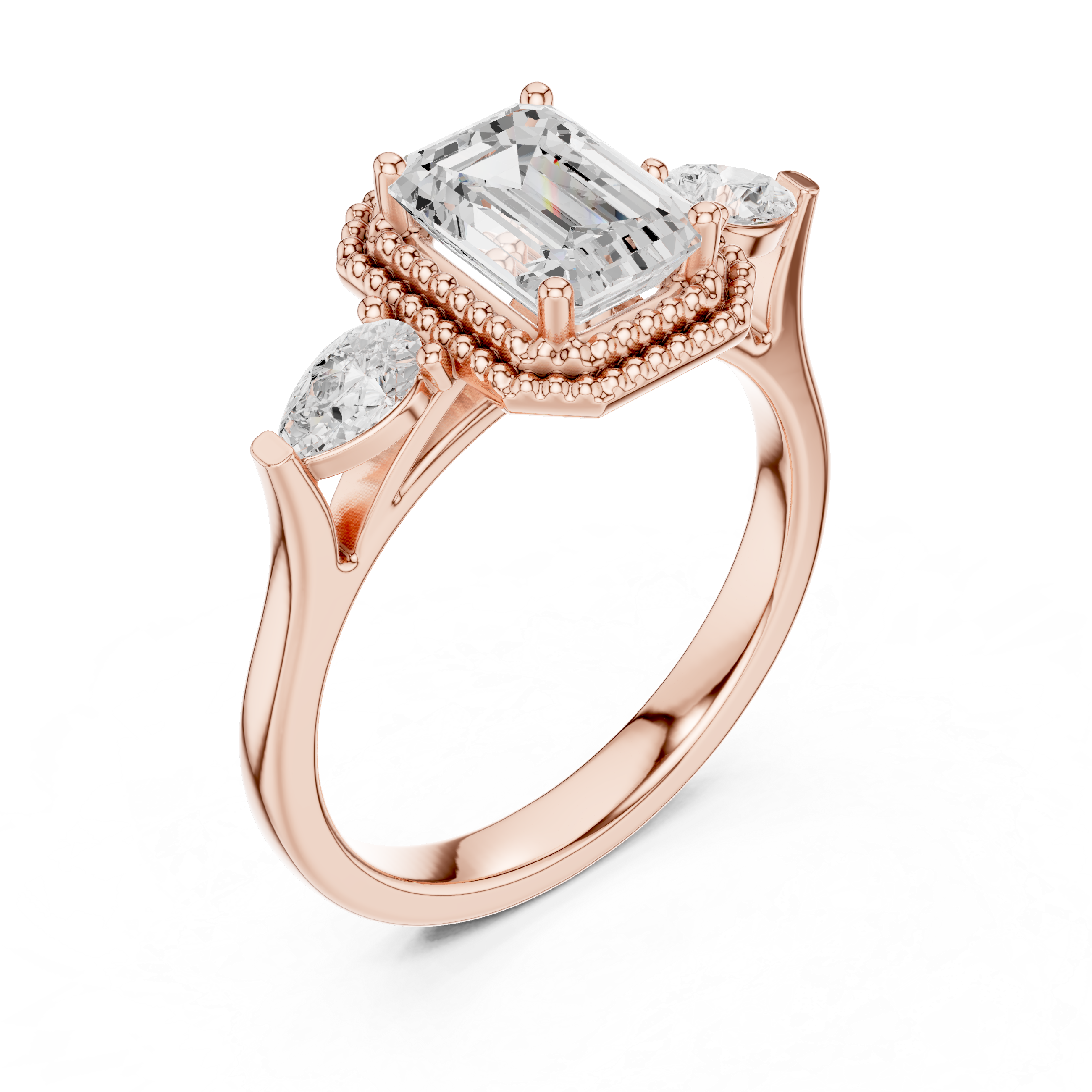 Emerald Cut Diamond Halo Ring with Pear Side Stones