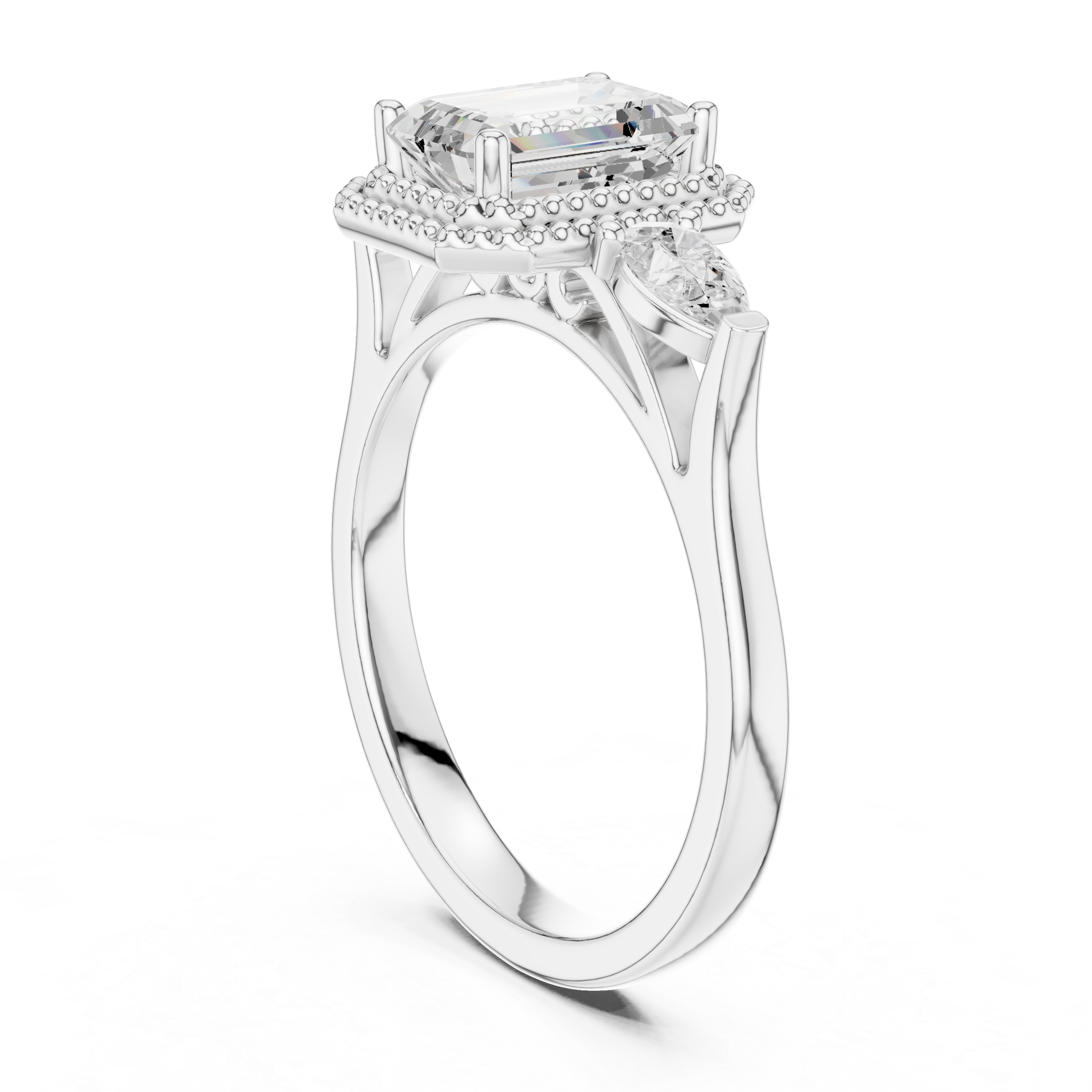 Emerald Cut Diamond Halo Ring with Pear Side Stones