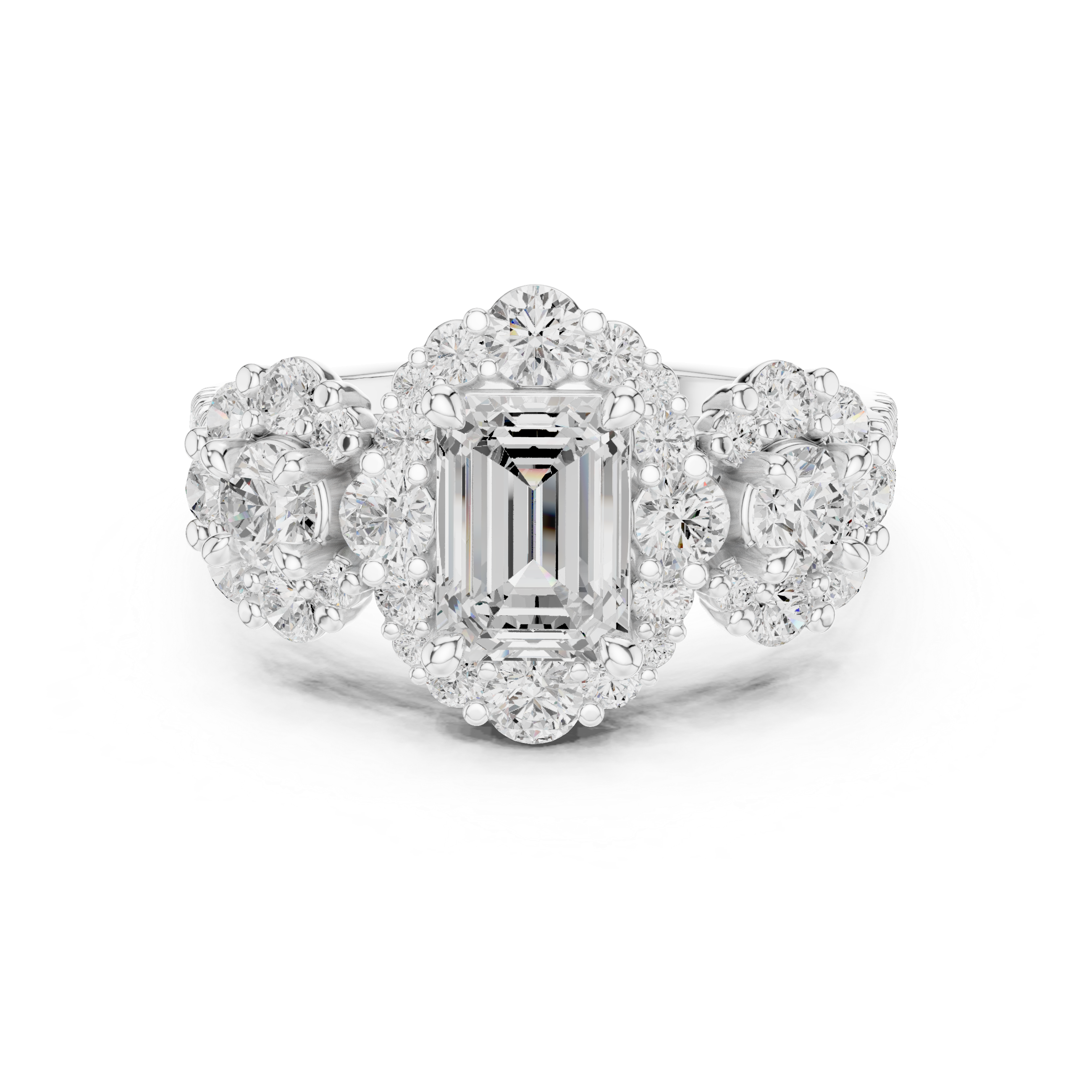 Emerald Cut Diamond Ring with Double Halo and Cluster Side Accents