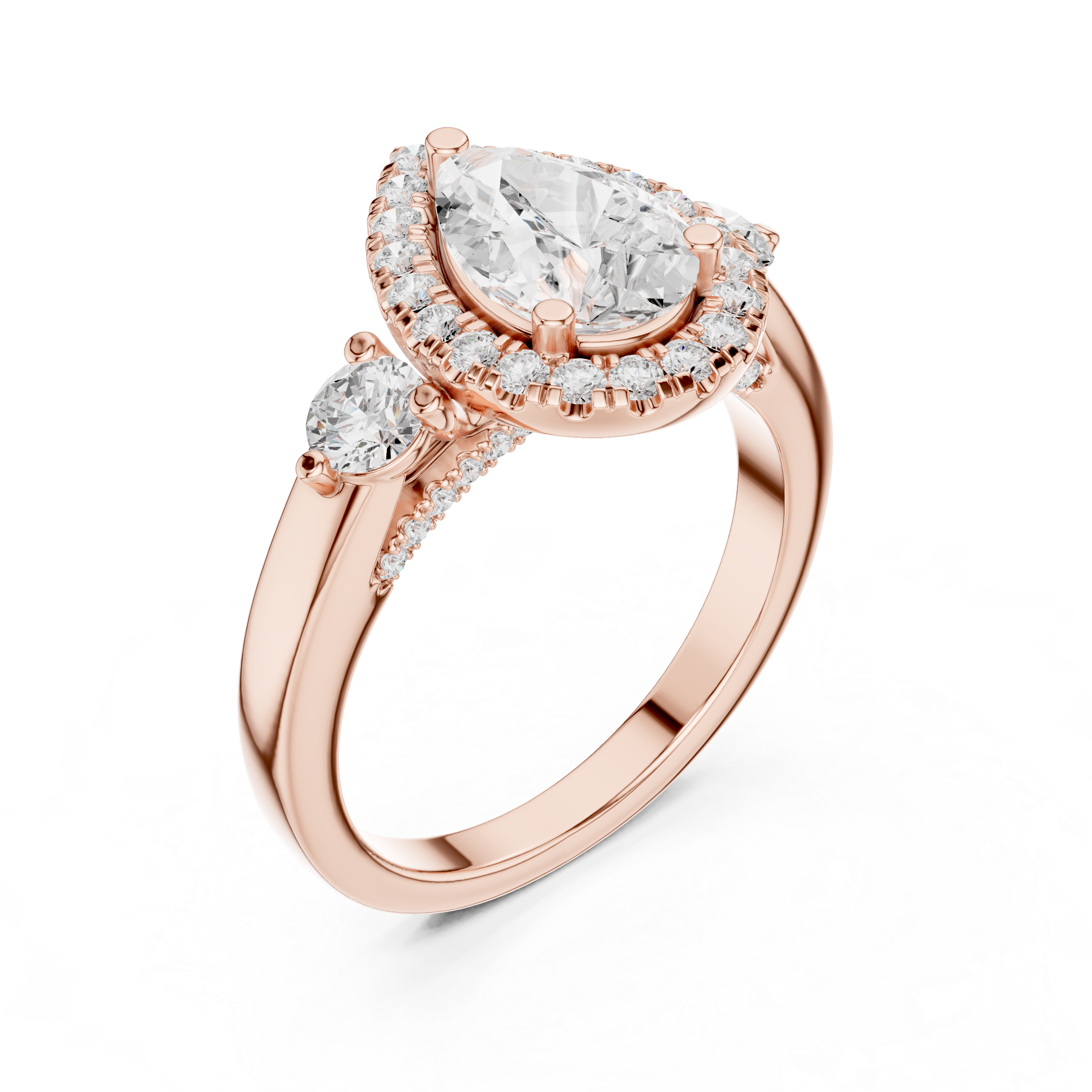 Pear Shaped Diamond Halo Ring with Round Side Stones