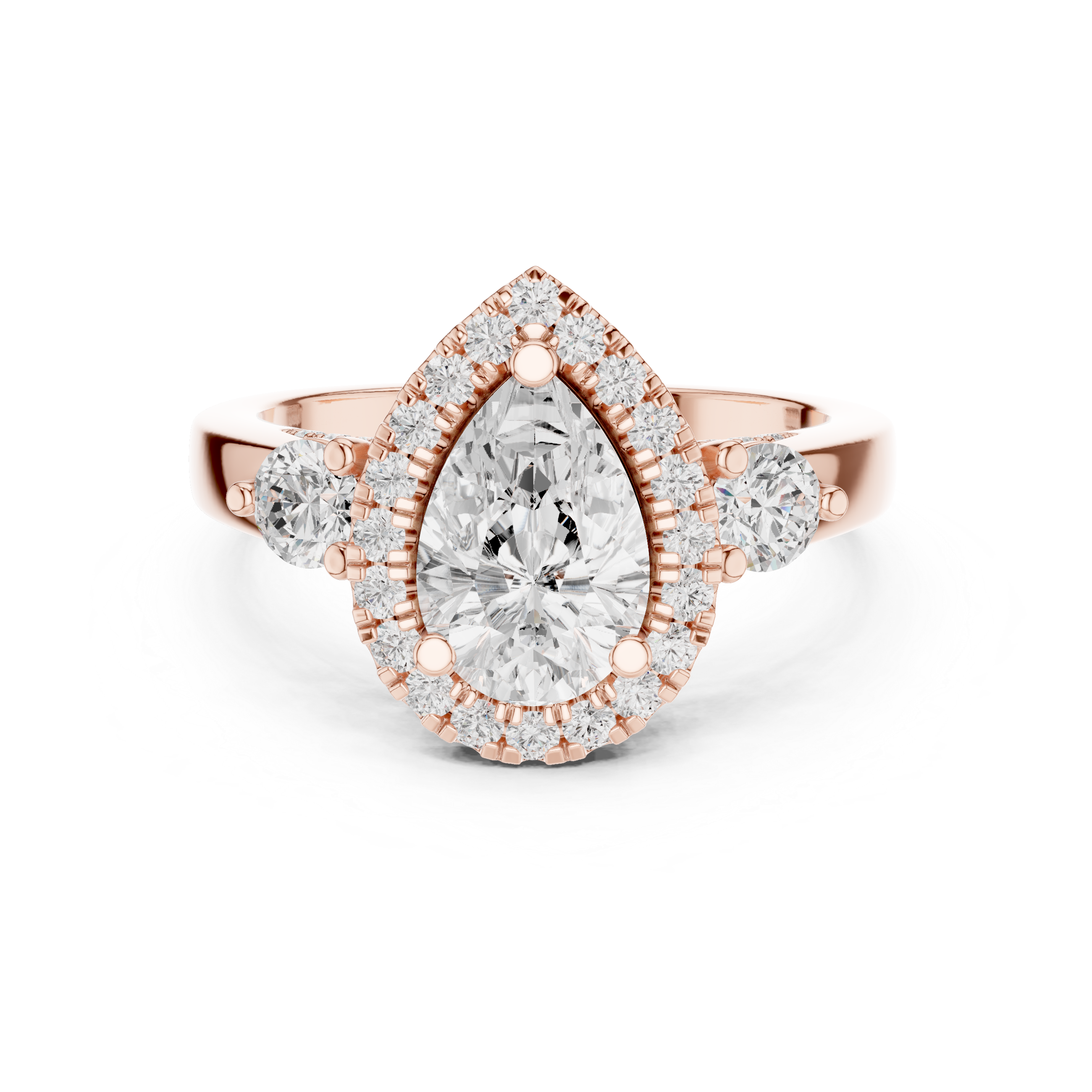 Pear Shaped Diamond Halo Ring with Round Side Stones
