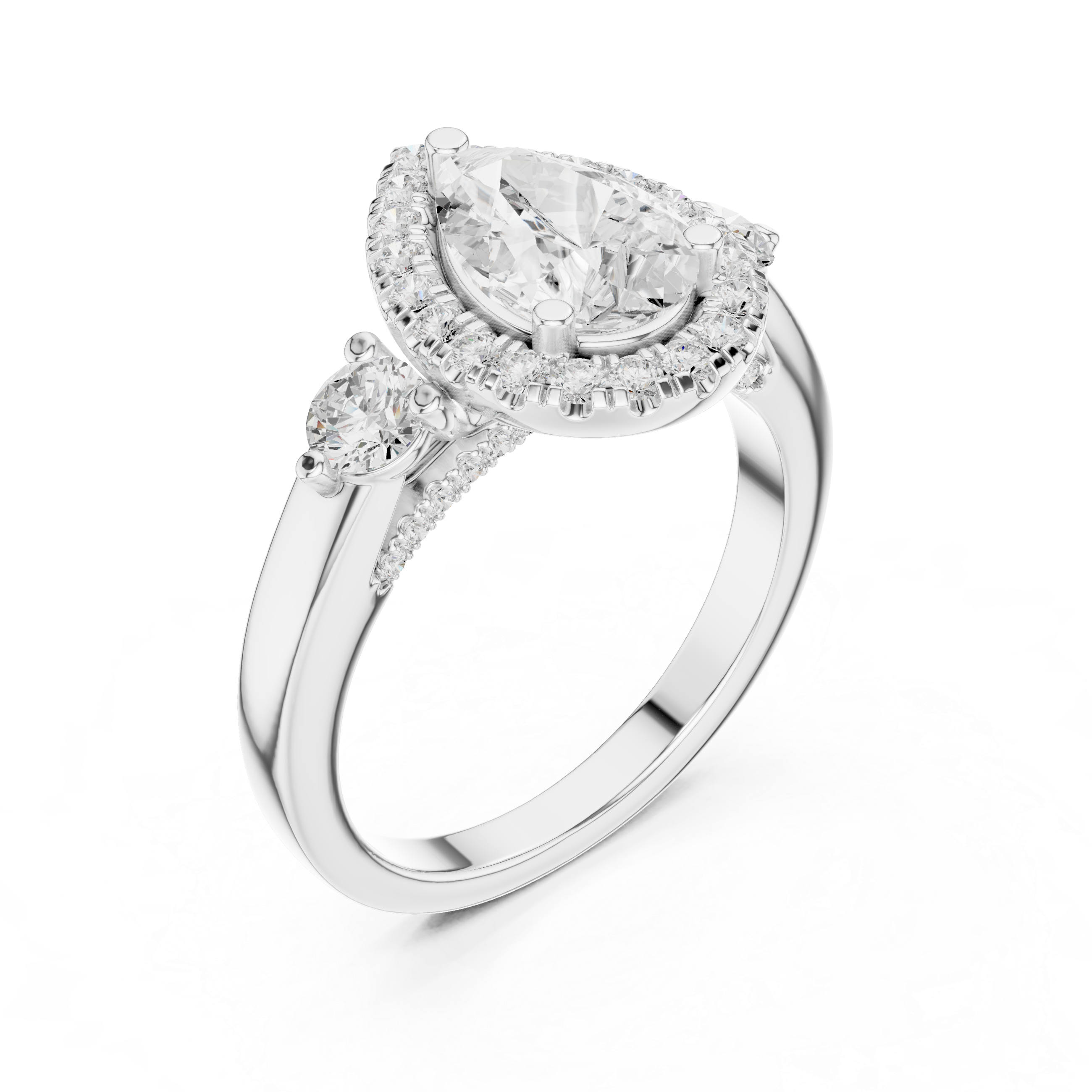 Pear Shaped Diamond Halo Ring with Round Side Stones